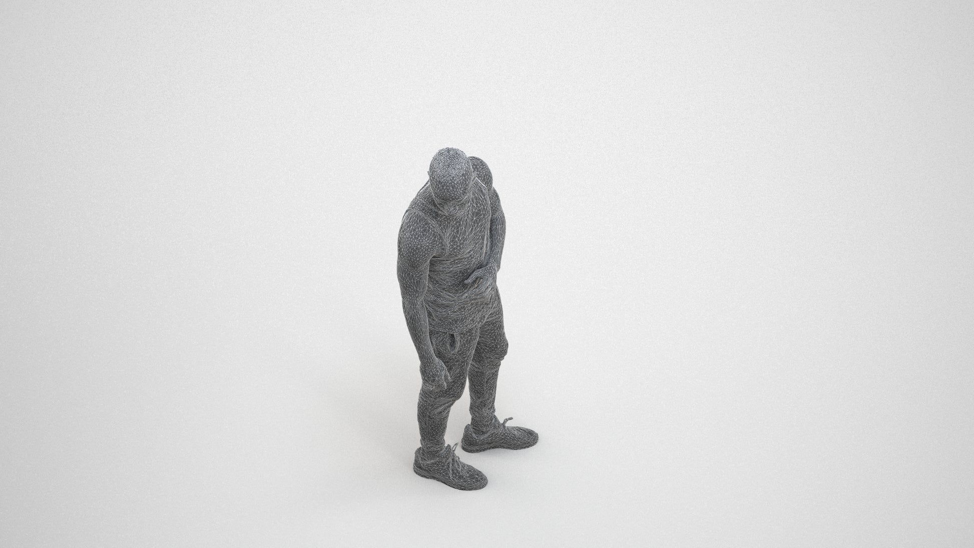 photogrammetry 3D man casual standing, realistic human model archviz FBX, wireframe three-quarter view