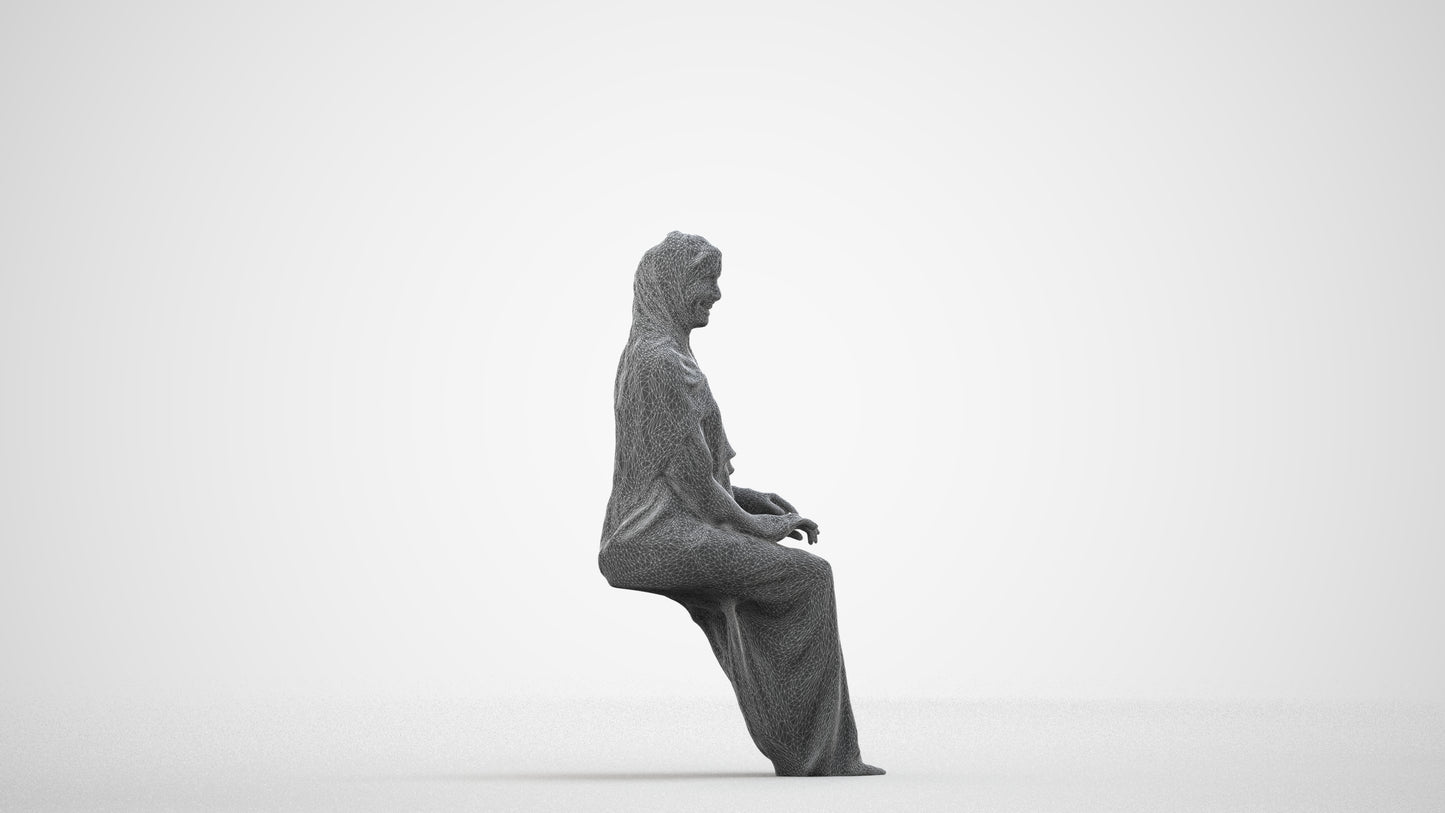 realistic 3D human woman sitting, archviz people FBX OBJ for Blender, wireframe side view