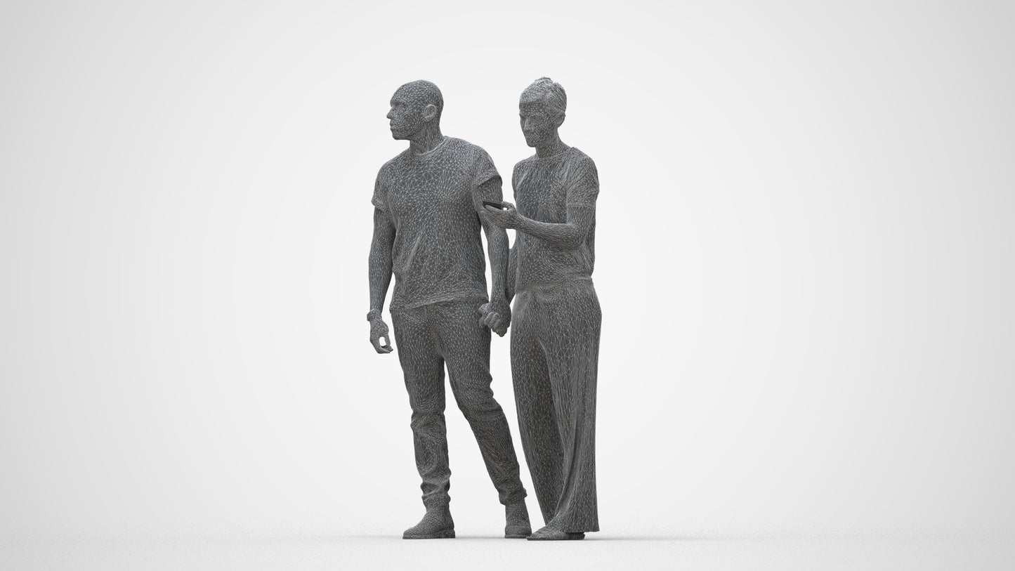 realistic 3D human woman casual couple, archviz people FBX OBJ for Blender, wireframe back view