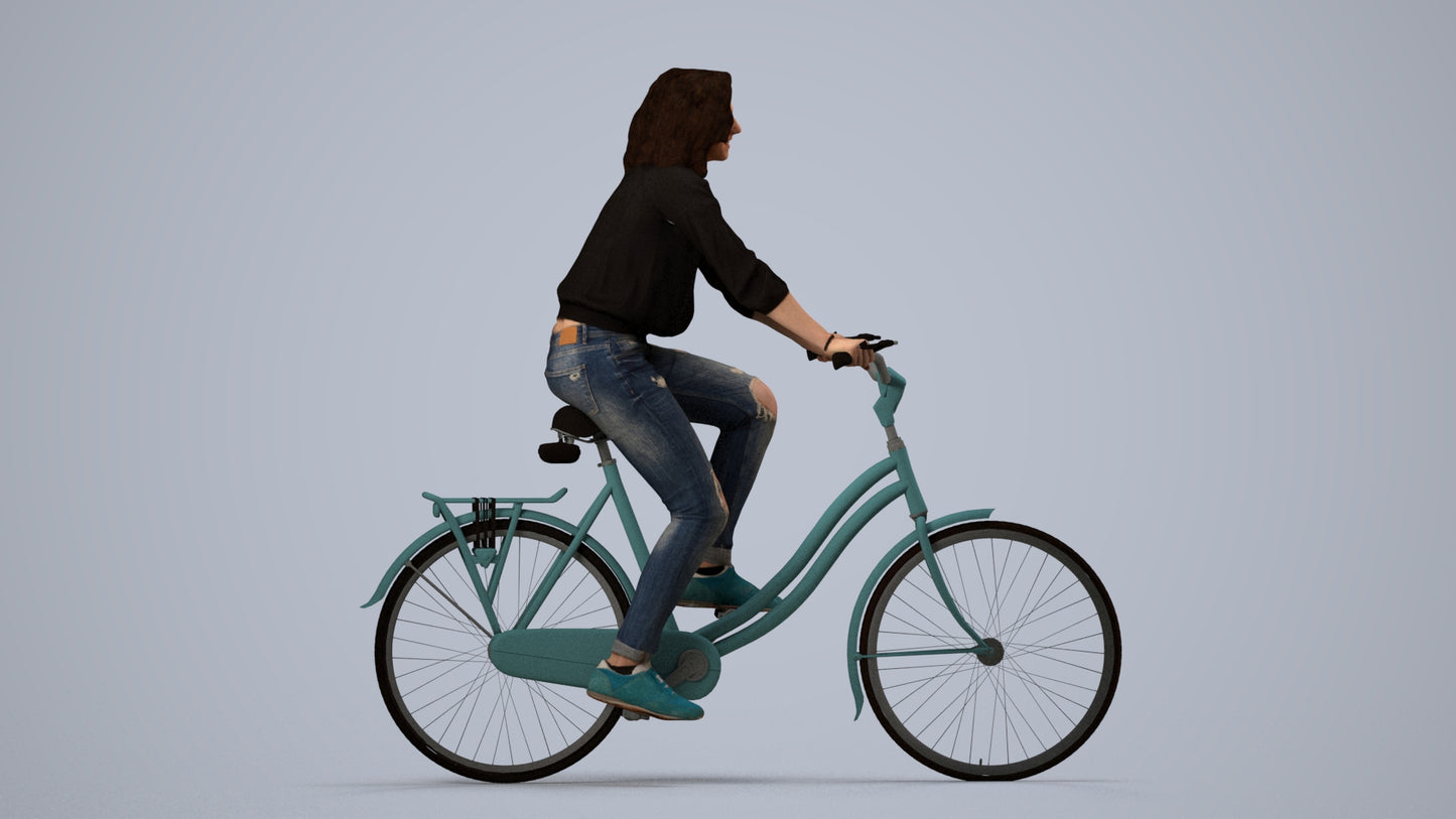 realistic 3D woman casual cycling, scanned archviz people for Blender and 3ds Max, side view render