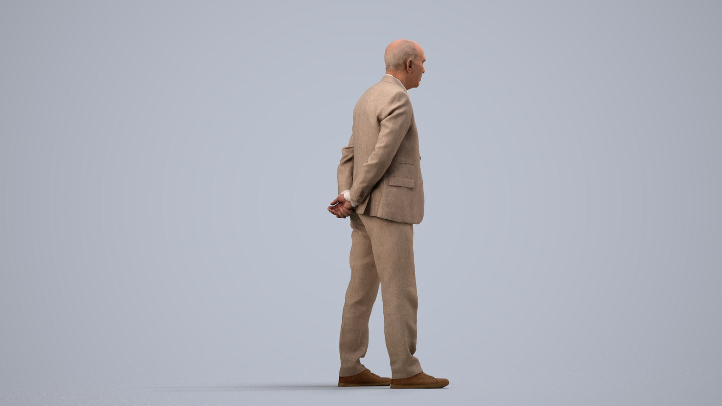 realistic 3D senior man business standing, scanned archviz people for Blender and 3ds Max, side view render