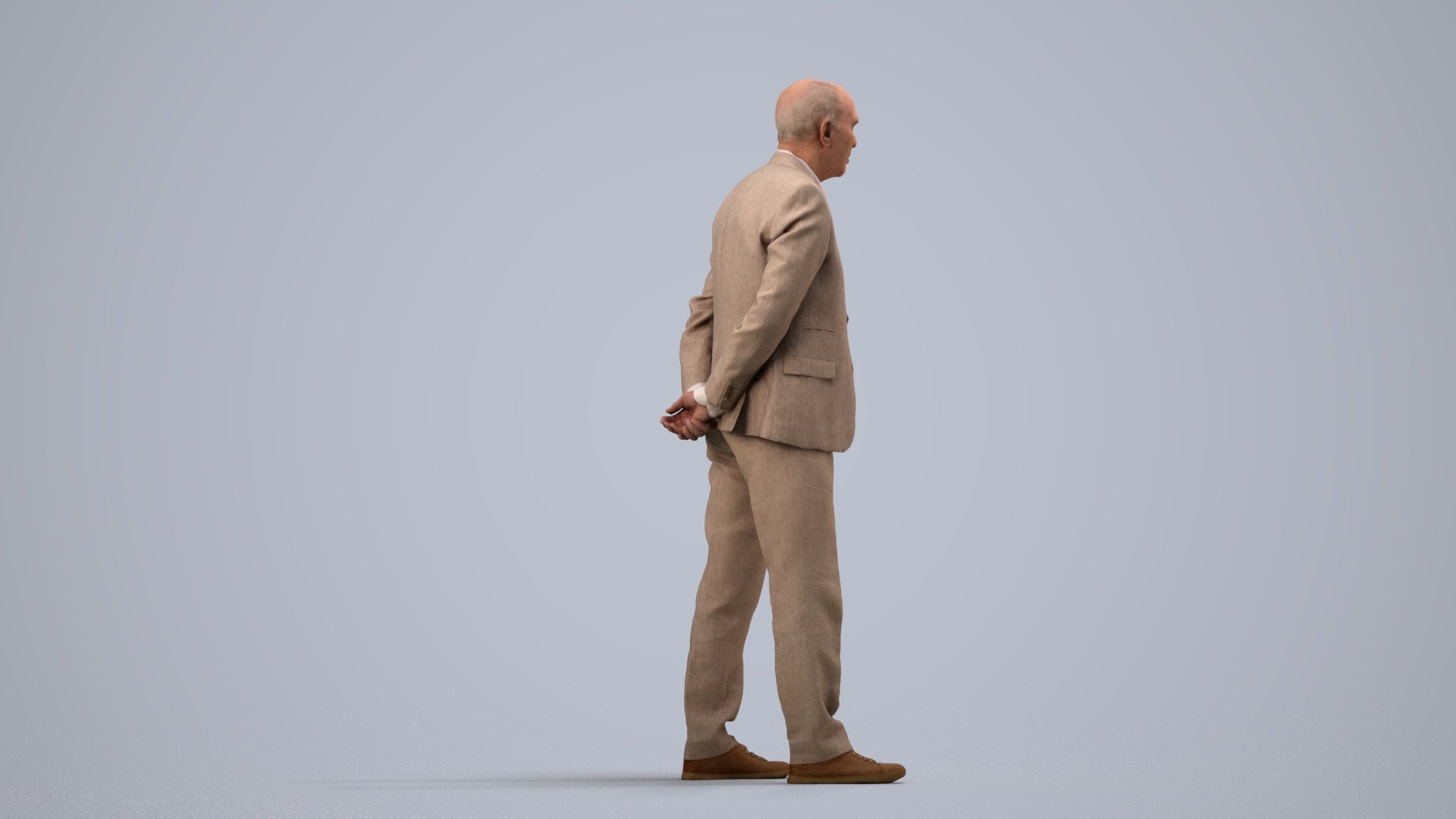 realistic 3D senior man business standing, scanned archviz people for Blender and 3ds Max, side view render