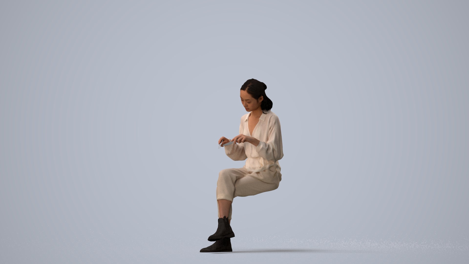 realistic 3D woman casual sitting, scanned archviz people for Blender and 3ds Max, three-quarter view render