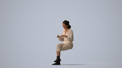 realistic 3D woman casual sitting, scanned archviz people for Blender and 3ds Max, three-quarter view render
