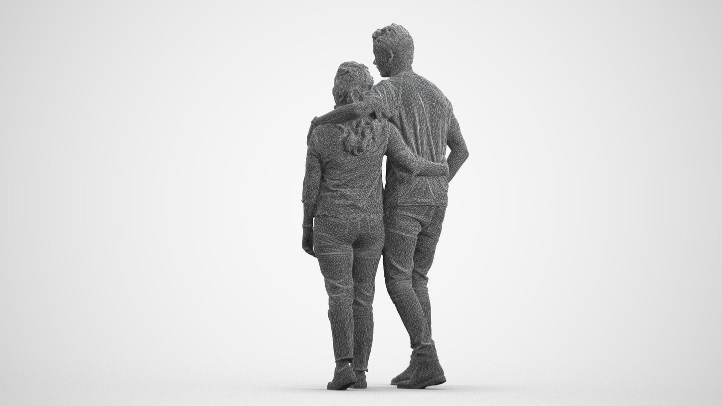 3D human model woman casual couple, photogrammetry scanned person for archviz, wireframe front view