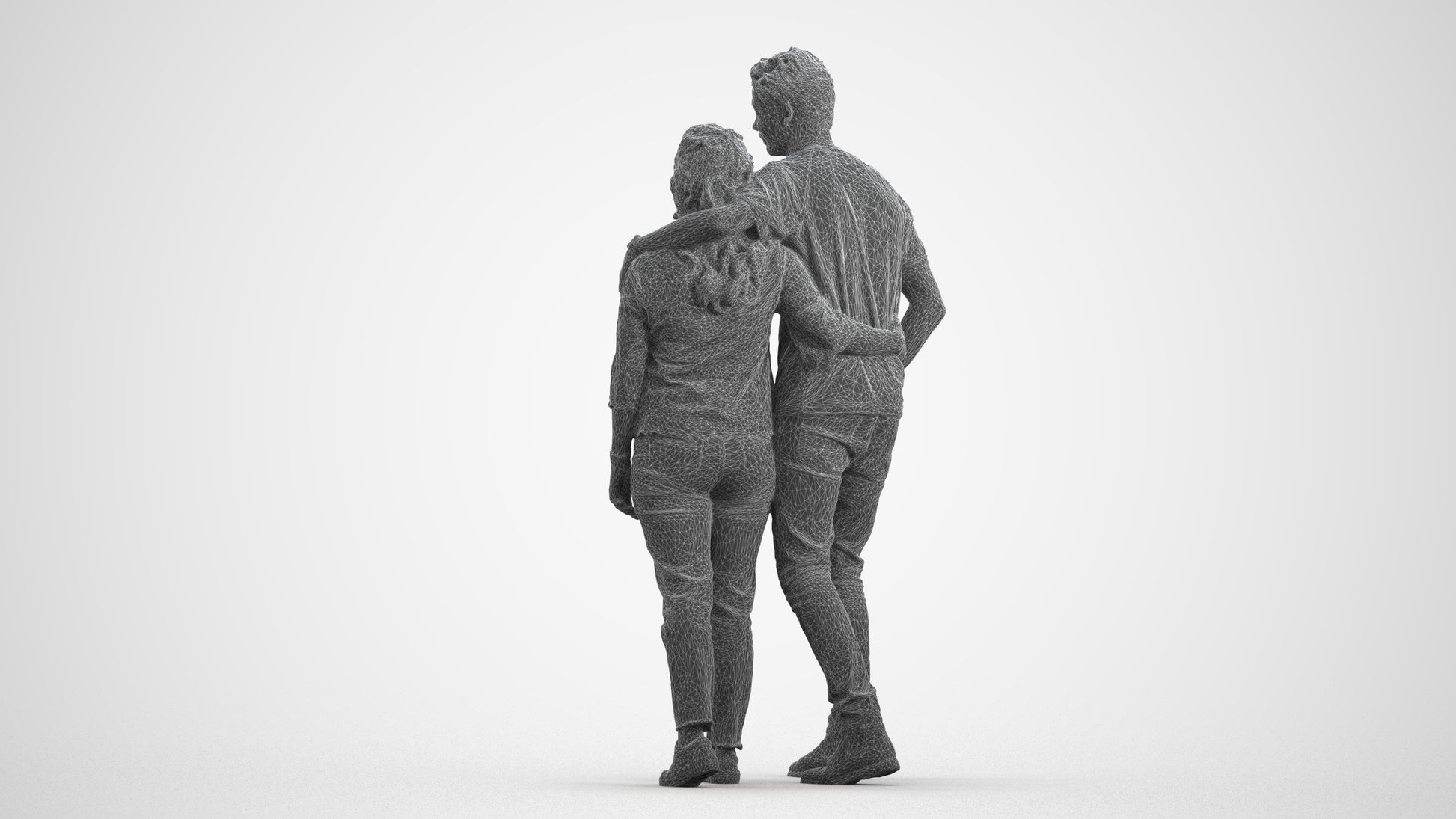 3D human model woman casual couple, photogrammetry scanned person for archviz, wireframe front view