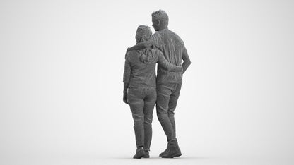 3D human model woman casual couple, photogrammetry scanned person for archviz, wireframe front view