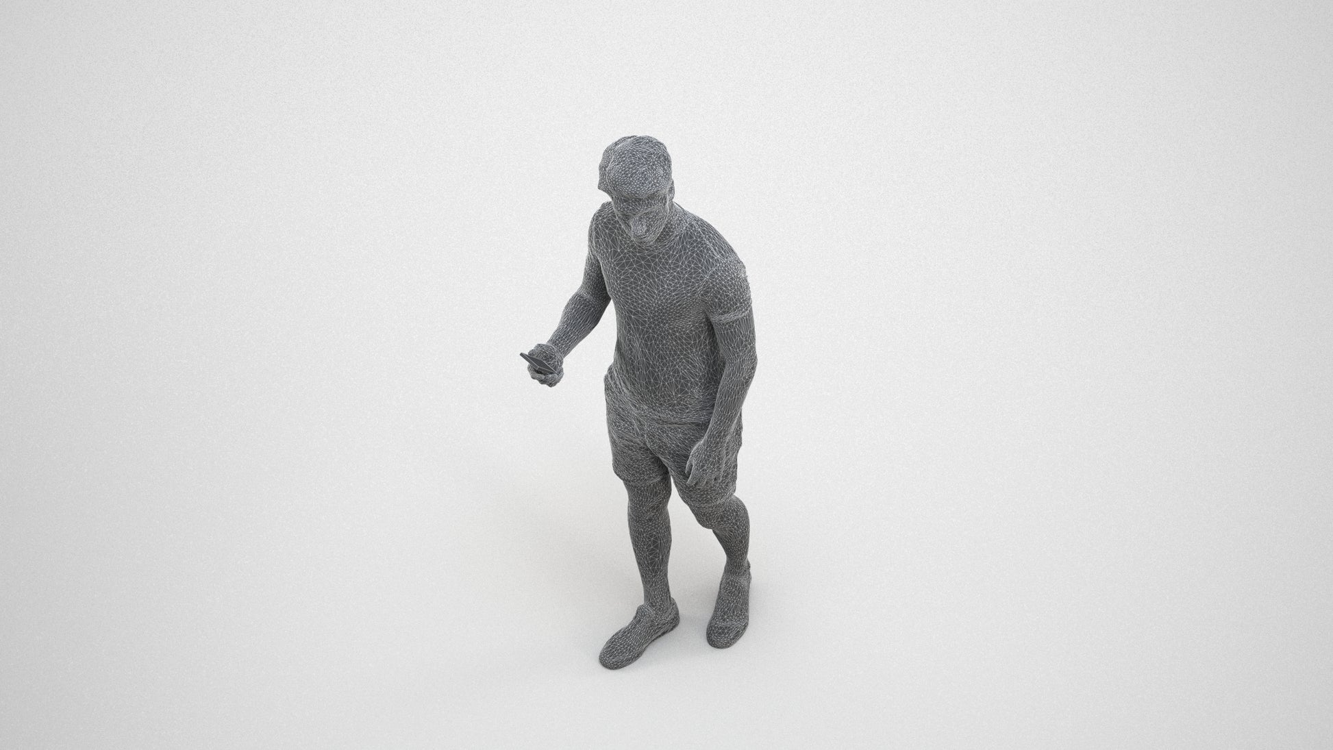 realistic 3D human man casual standing, archviz people FBX OBJ for Blender, wireframe three-quarter view