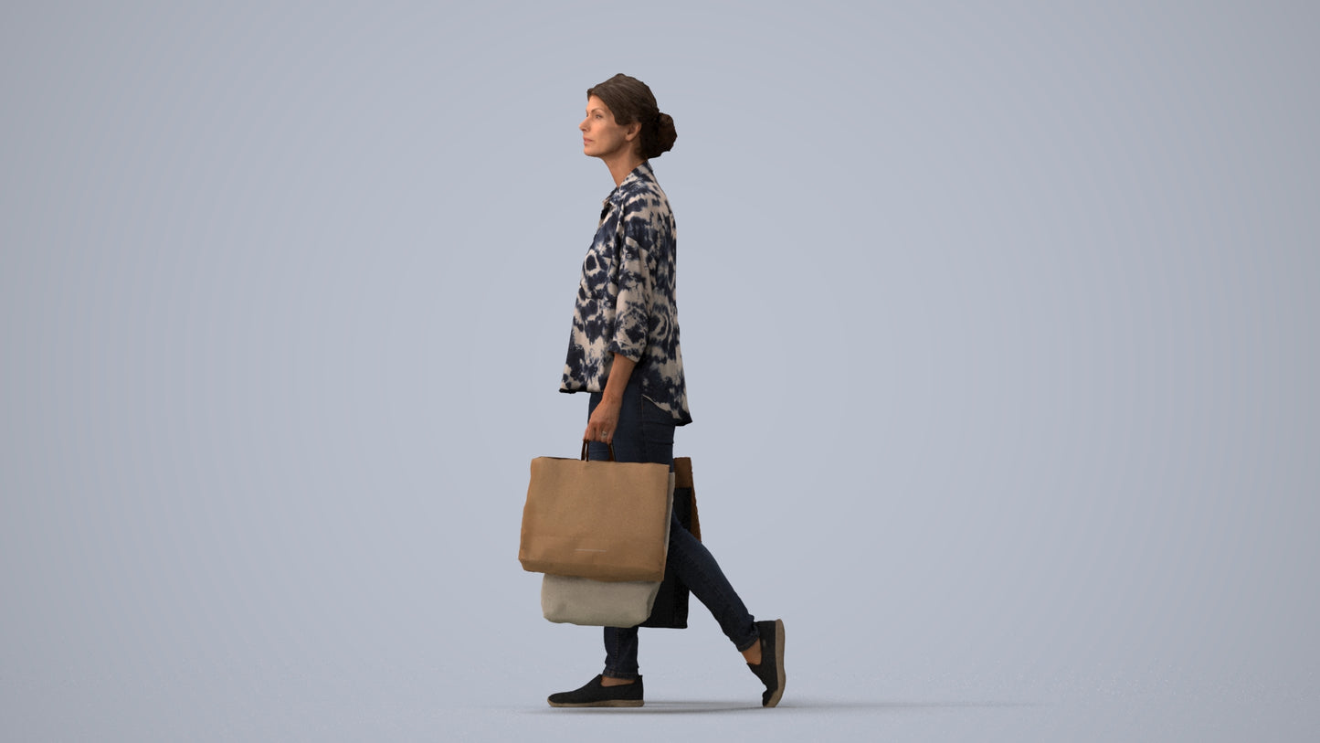 3D scanned woman shopping casual, photorealistic archviz people for Enscape and SketchUp, three-quarter view render