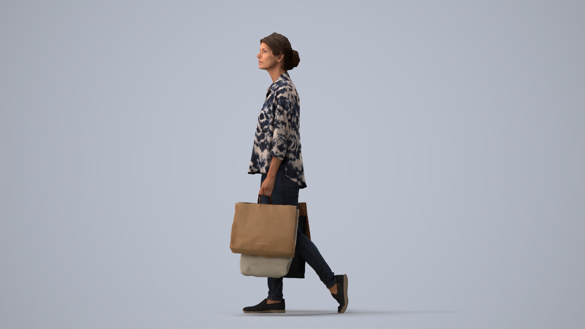 3D scanned woman shopping casual, photorealistic archviz people for Enscape and SketchUp, three-quarter view render