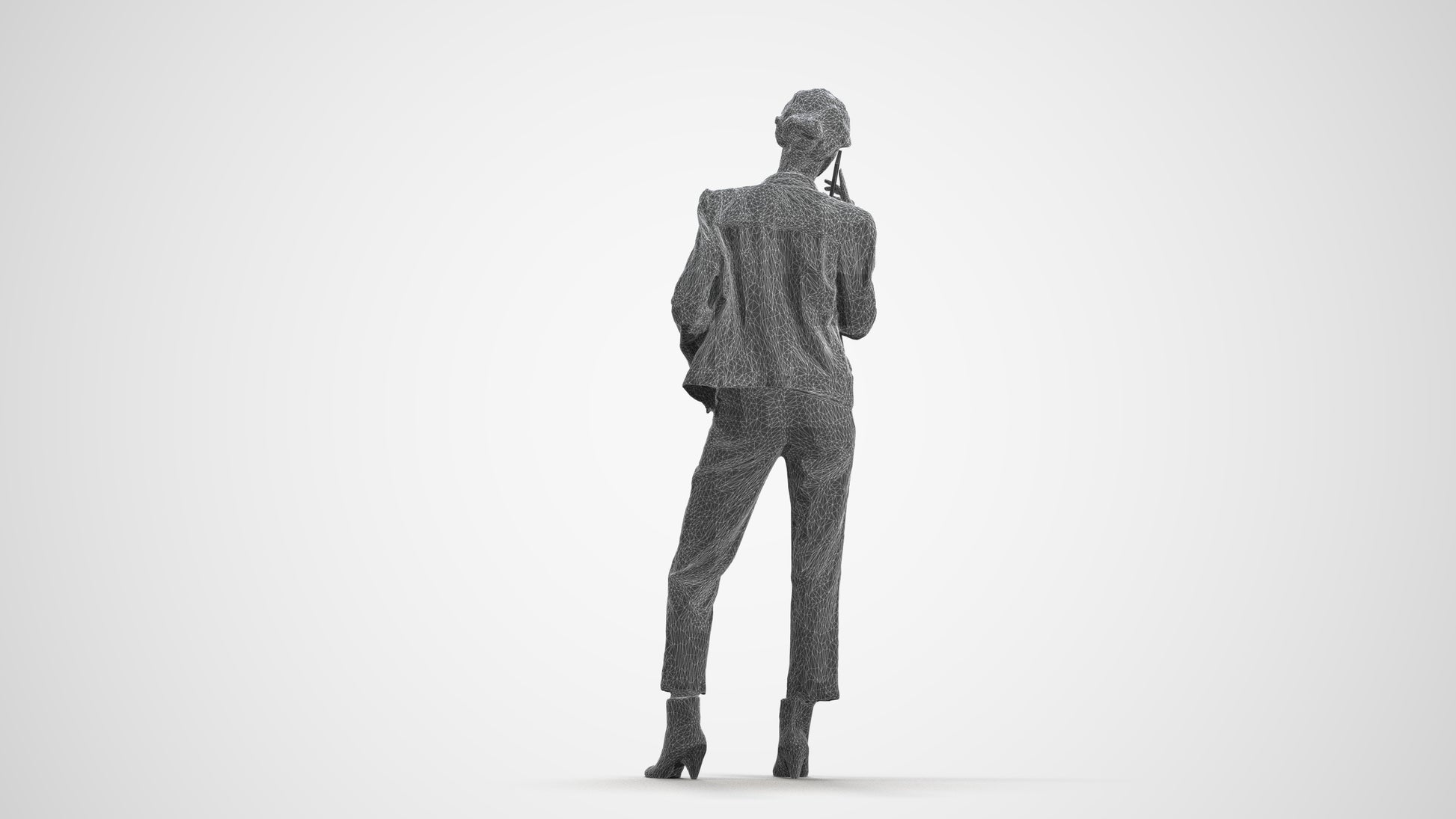 3D scanned woman standing business, photorealistic archviz people for Enscape and SketchUp, wireframe front view