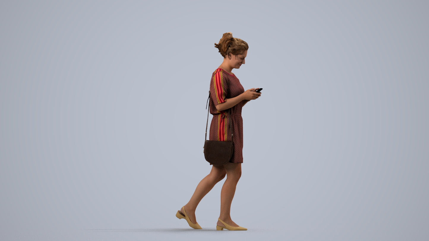 realistic 3D human woman casual walking, archviz people FBX OBJ for Blender, side view render