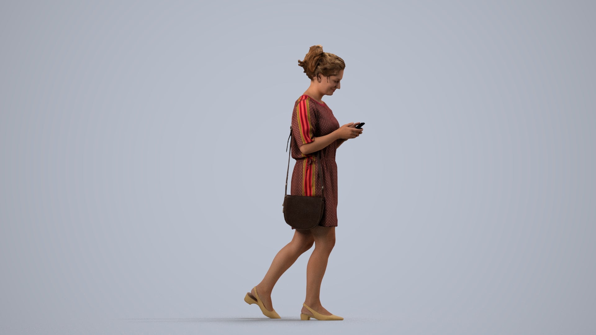 realistic 3D human woman casual walking, archviz people FBX OBJ for Blender, side view render