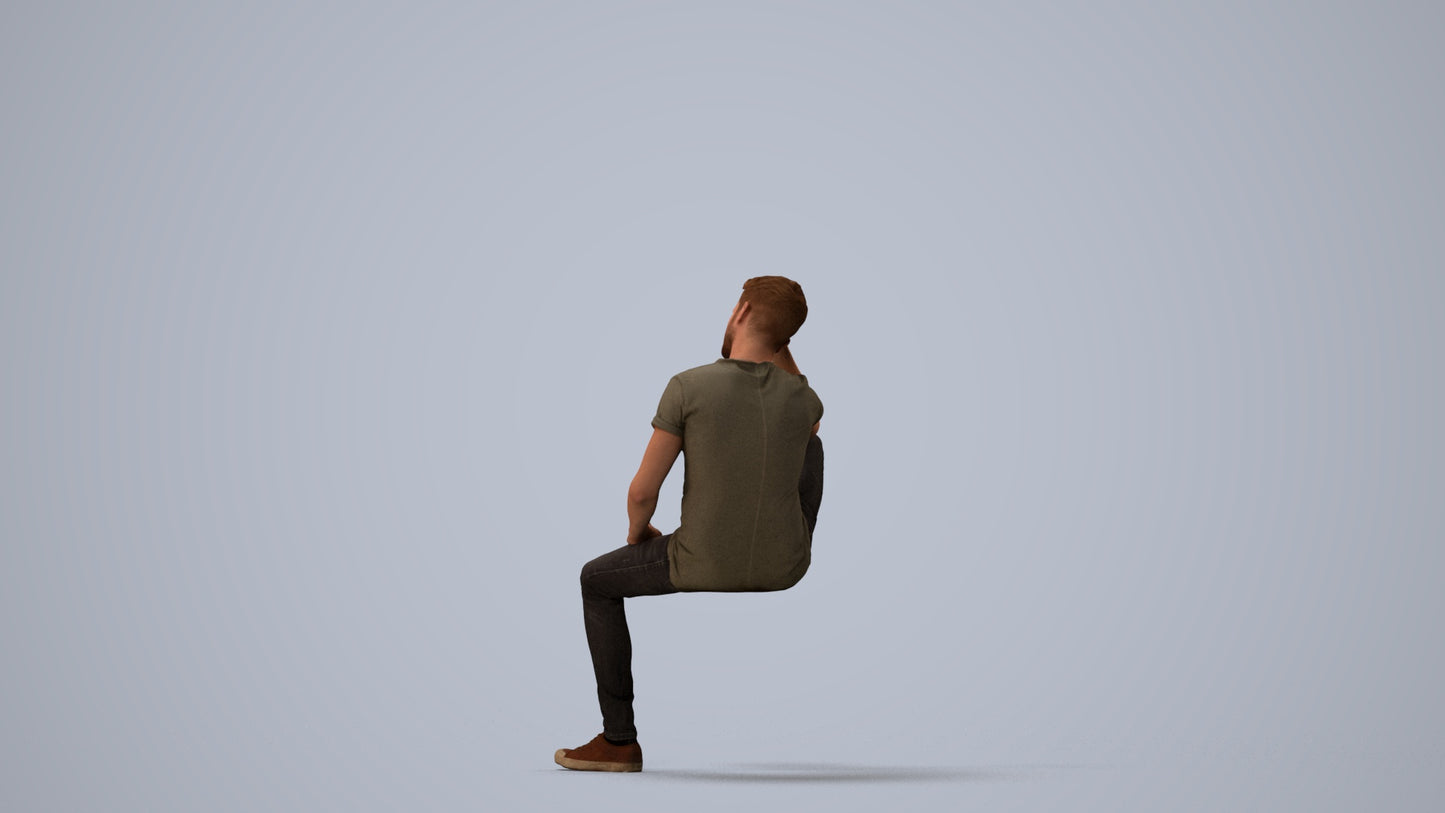 3D people model man casual sitting, scanned human for 3ds Max rendering, three-quarter view render