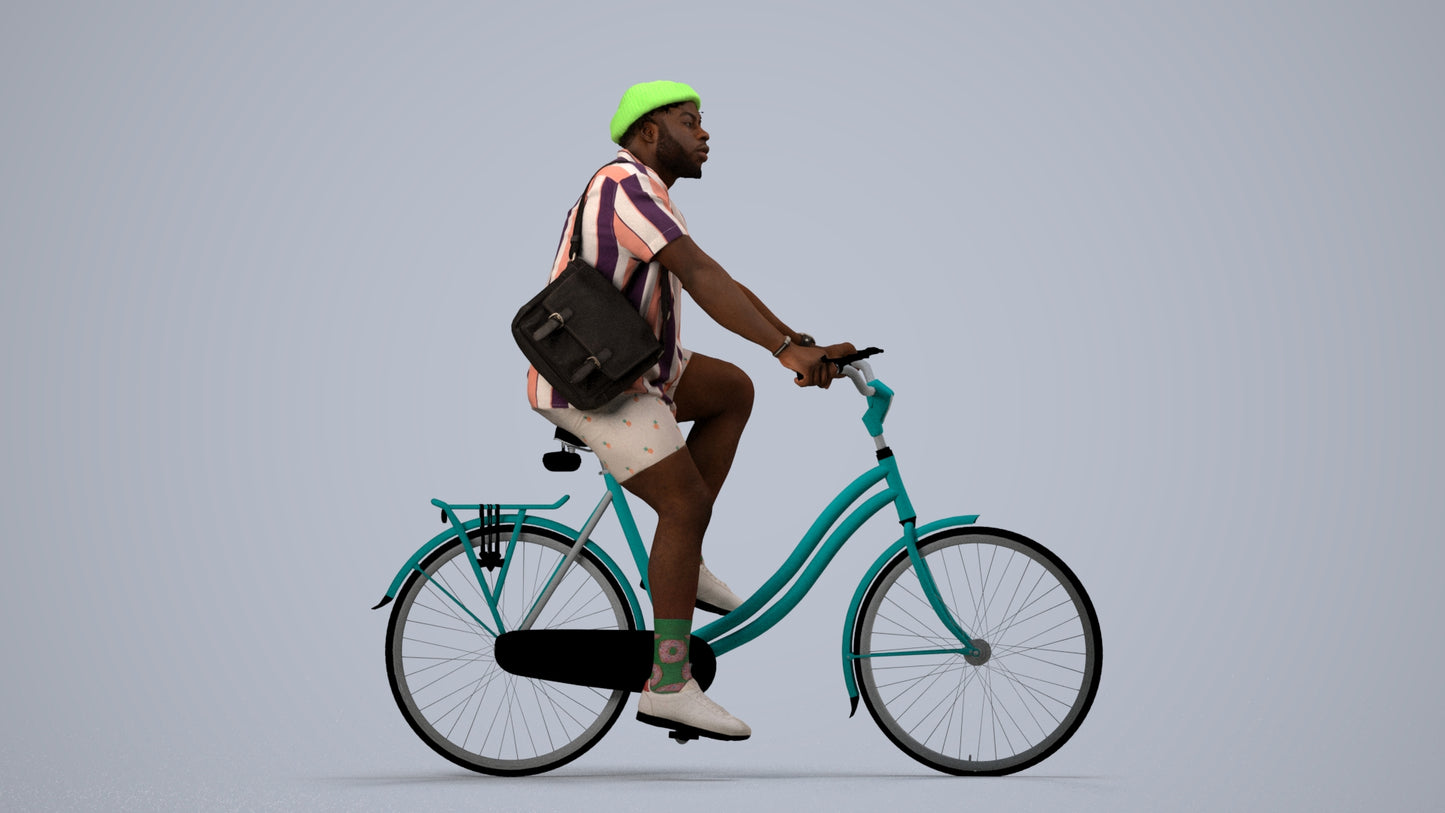 realistic 3D human man casual cycling, archviz people FBX OBJ for Blender, side view render