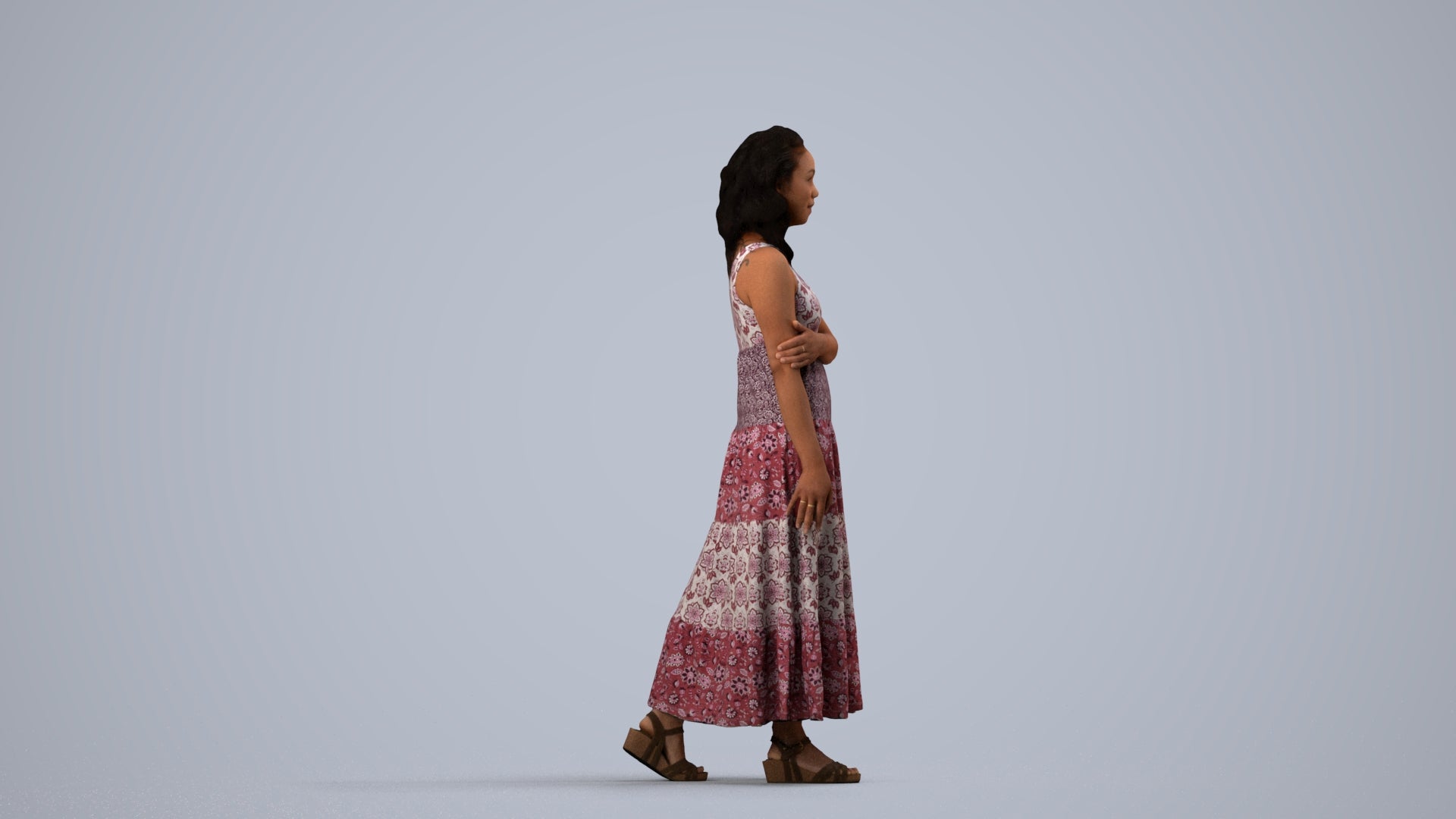 photogrammetry 3D woman casual walking, realistic human model archviz FBX, side view render