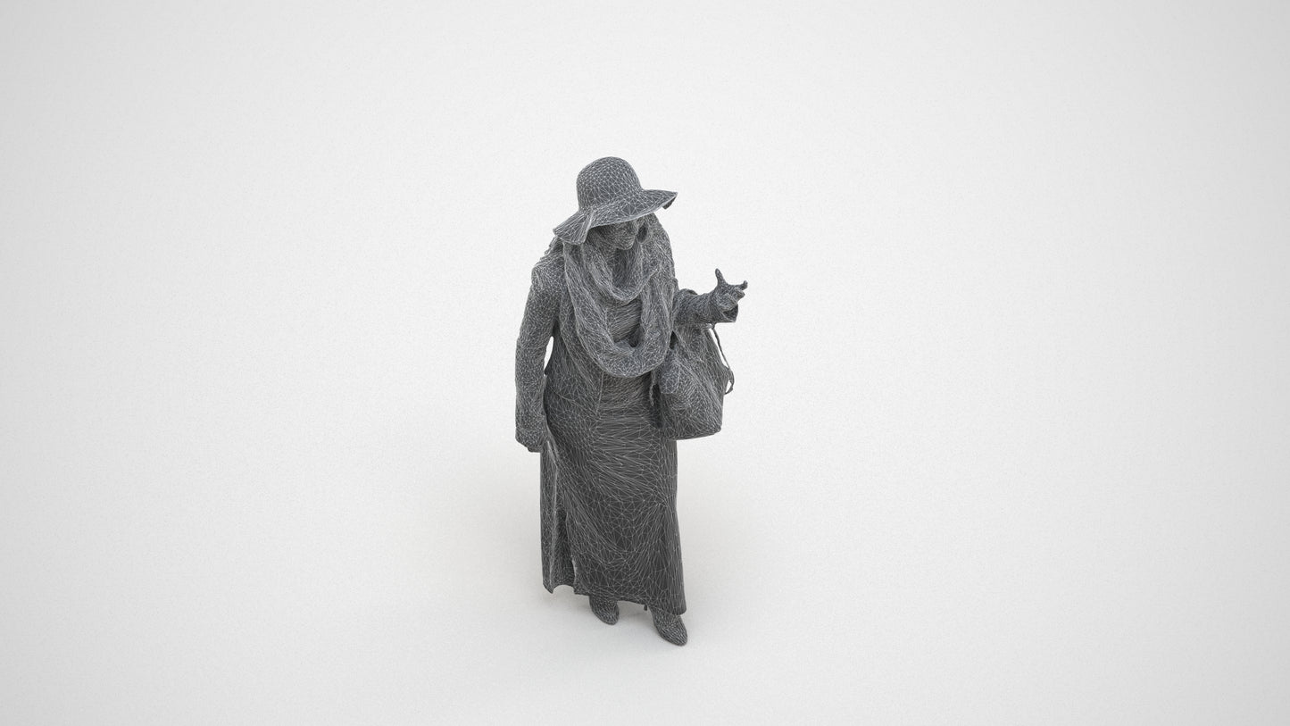 realistic 3D human woman casual standing, archviz people FBX OBJ for Blender, wireframe three-quarter view