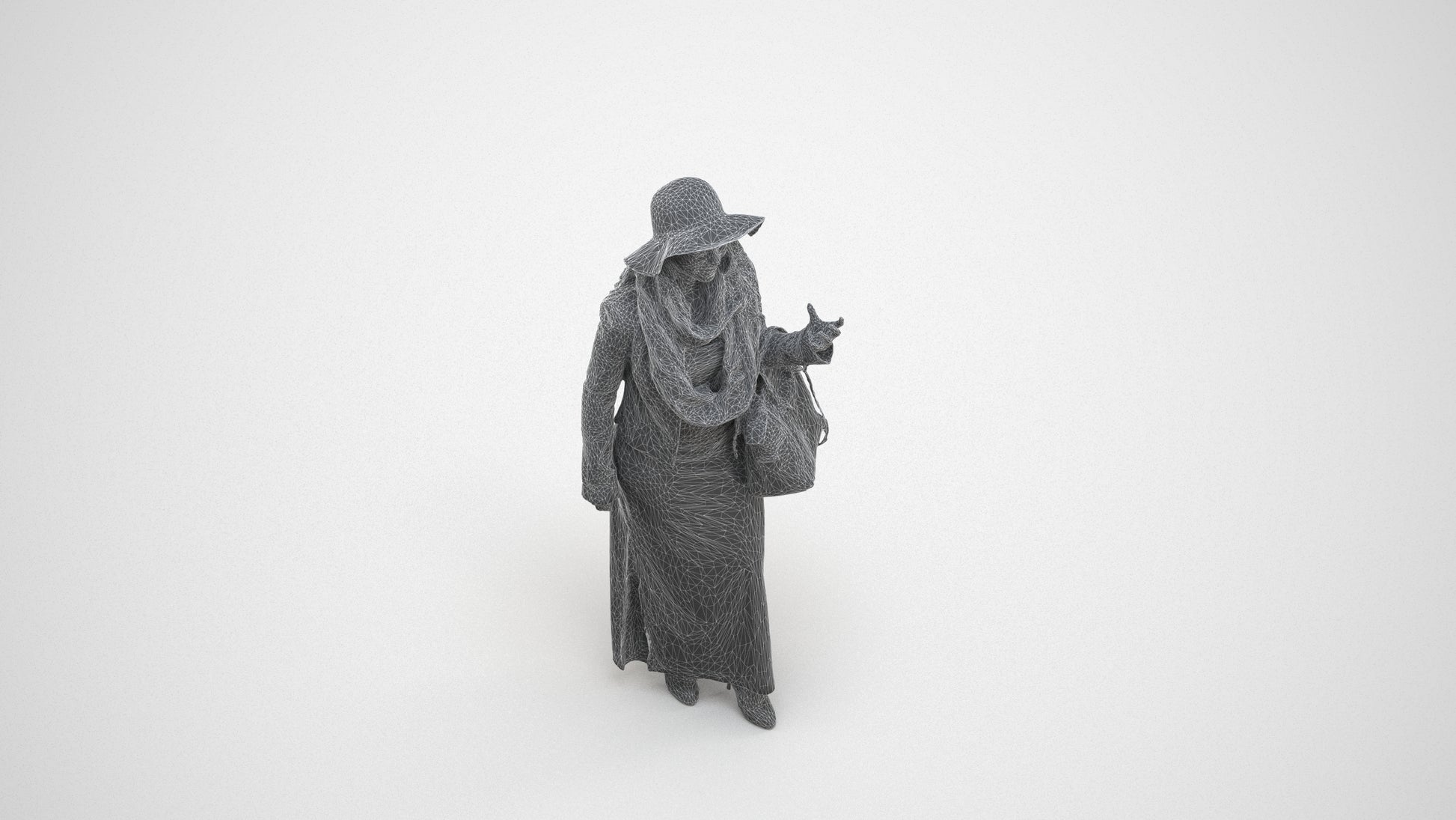 realistic 3D human woman casual standing, archviz people FBX OBJ for Blender, wireframe three-quarter view