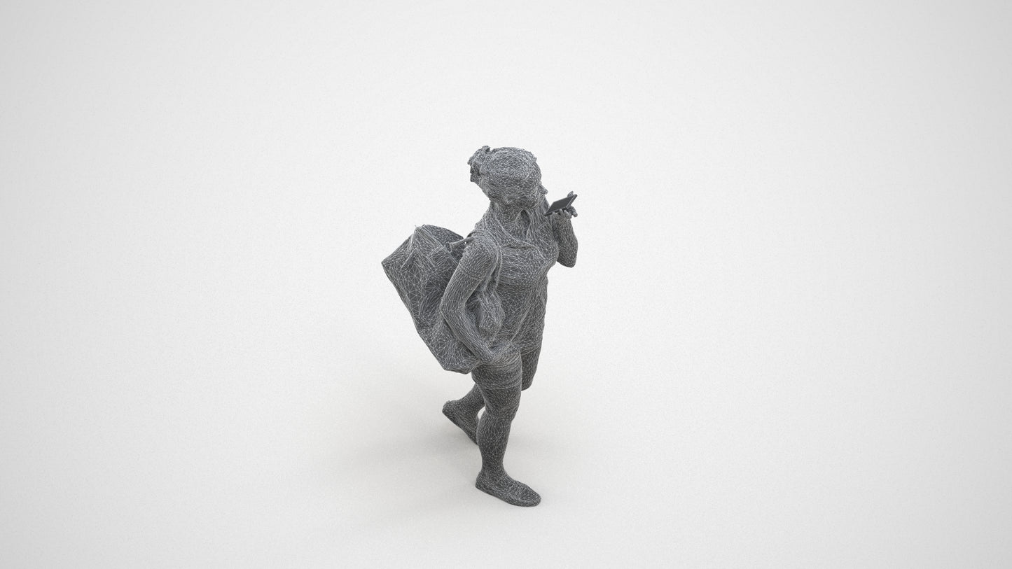 scanned 3D woman casual walking, photogrammetry people for Enscape and V-Ray, wireframe three-quarter view