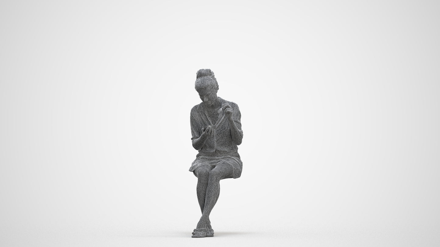 3D people model woman casual sitting, scanned human for 3ds Max rendering, three-quarter front view render