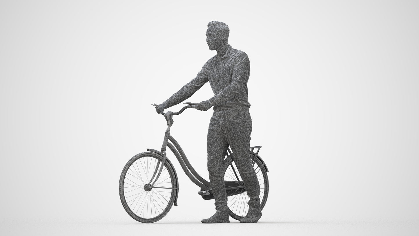 scanned 3D man casual cycling, photogrammetry people for Enscape and V-Ray, wireframe back view