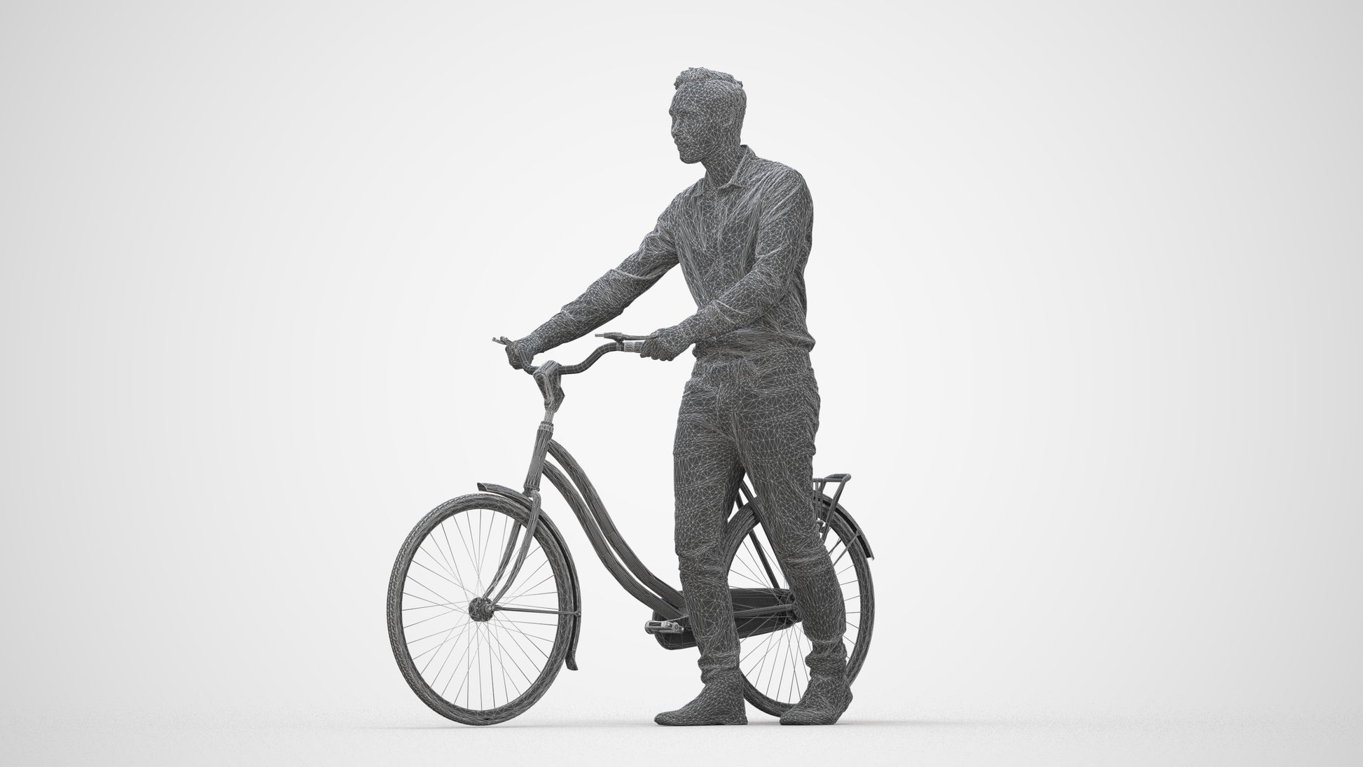 scanned 3D man casual cycling, photogrammetry people for Enscape and V-Ray, wireframe back view
