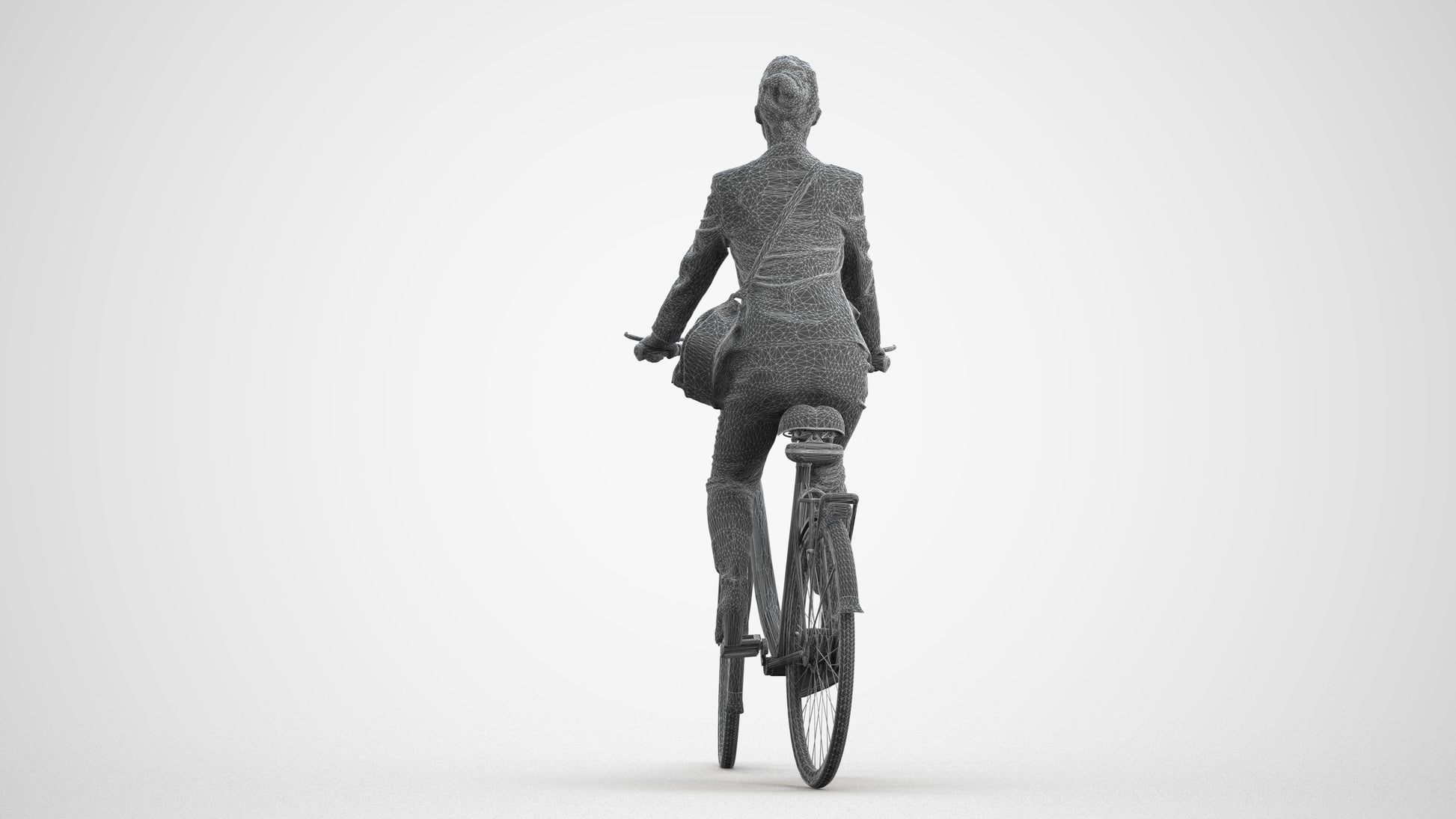 3D human model woman business cycling, photogrammetry scanned person for archviz, wireframe front view