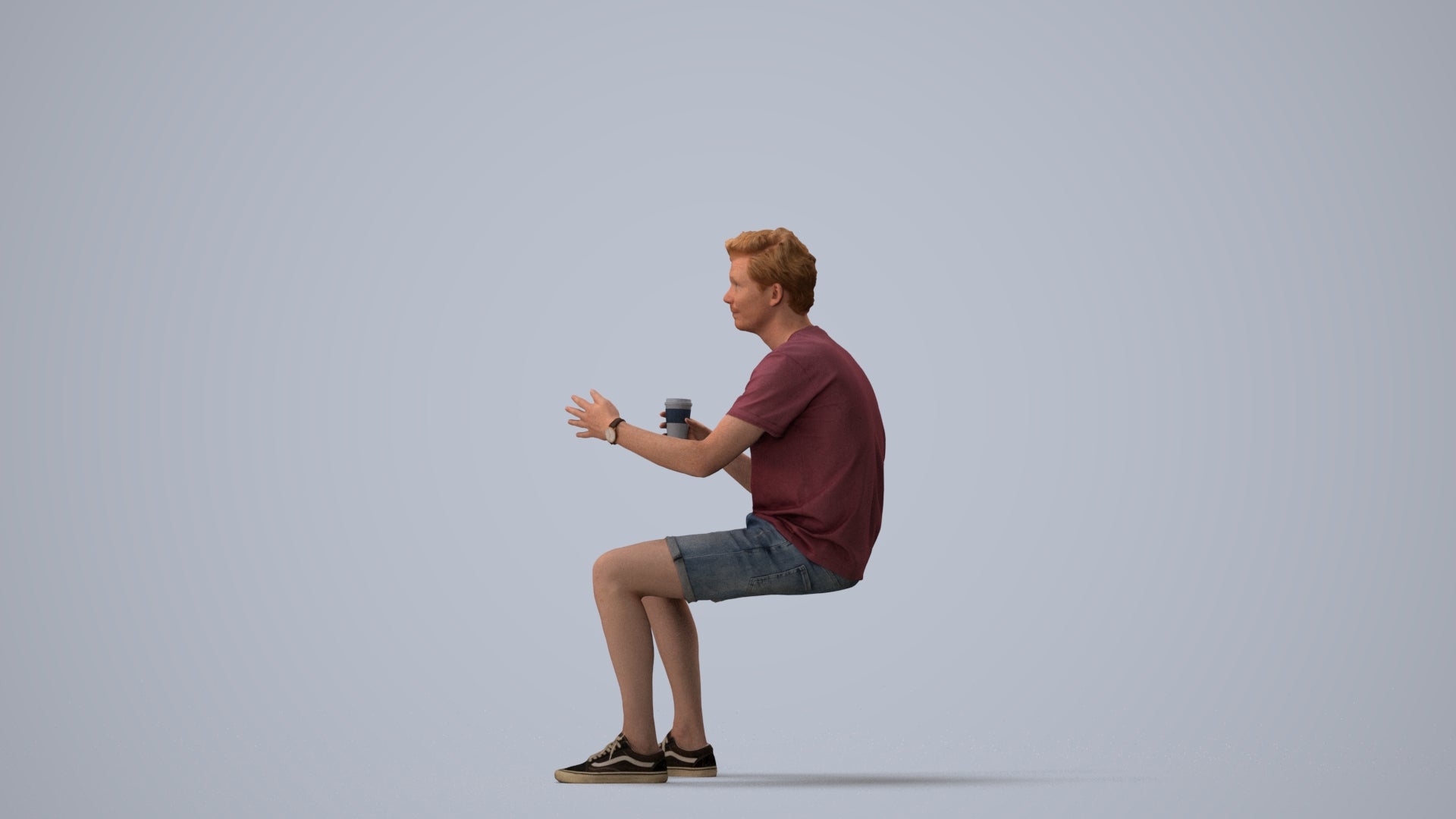 realistic 3D man casual sitting, scanned archviz people for Blender and 3ds Max, three-quarter view render