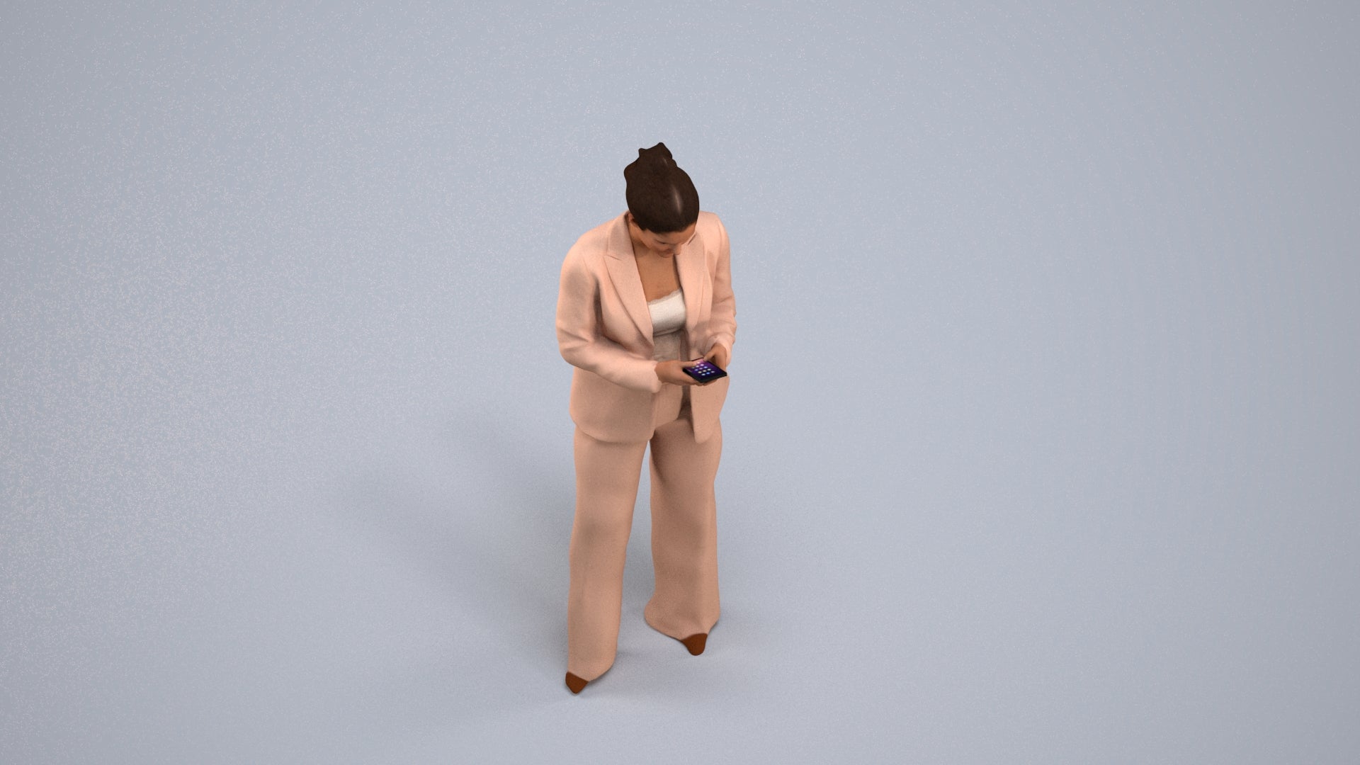 3D human model woman business standing, photogrammetry scanned person for archviz, back view render