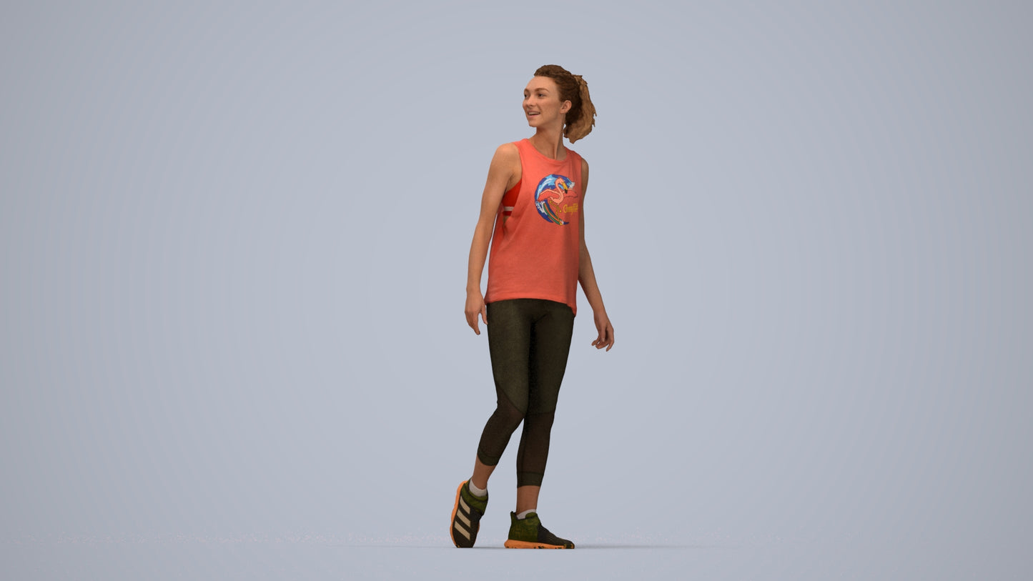 3D human model woman sport, photogrammetry scanned person for archviz, top-down view render