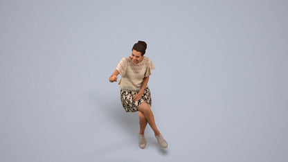 3D human model woman casual sitting, photogrammetry scanned person for archviz, back view render
