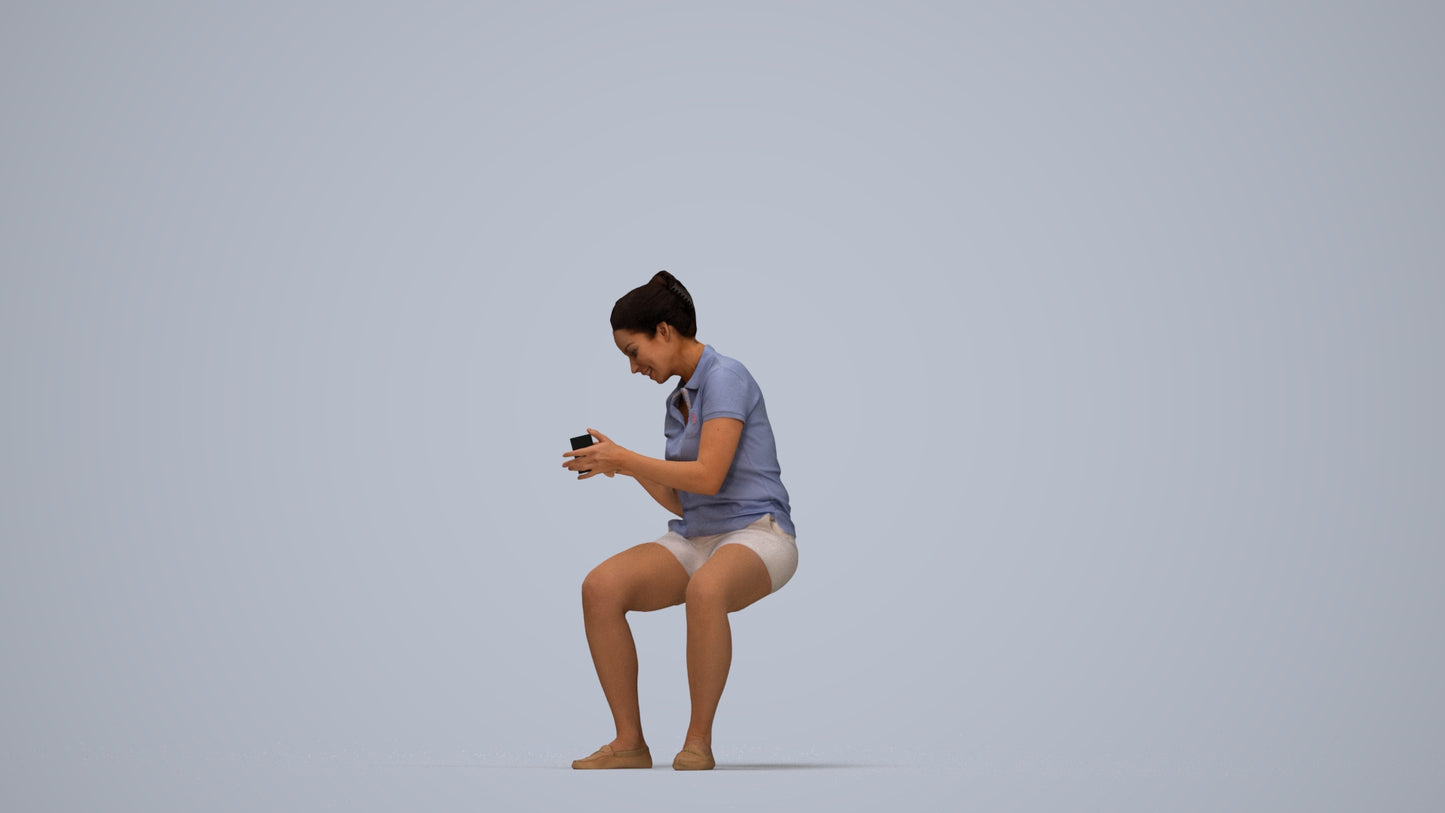 realistic 3D woman casual sitting, scanned archviz people for Blender and 3ds Max, top-down view render