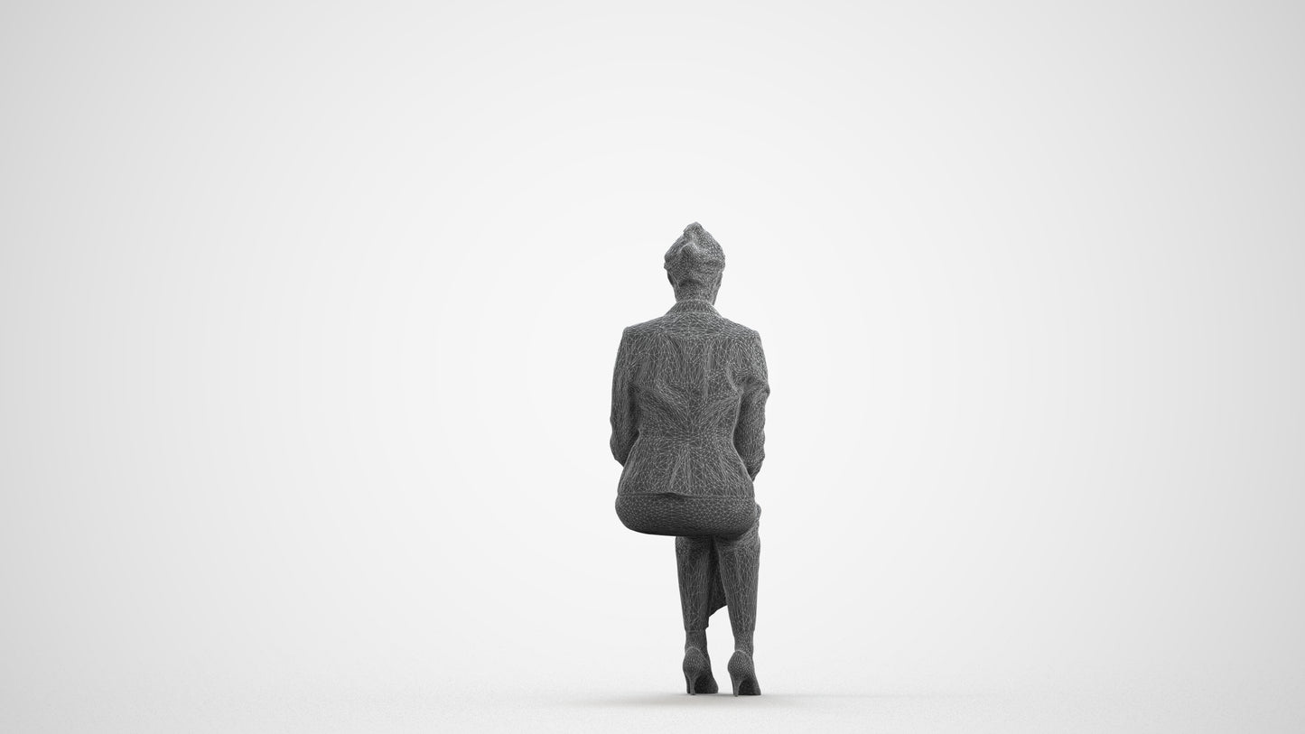 photogrammetry 3D woman business sitting, realistic human model archviz FBX, wireframe front view