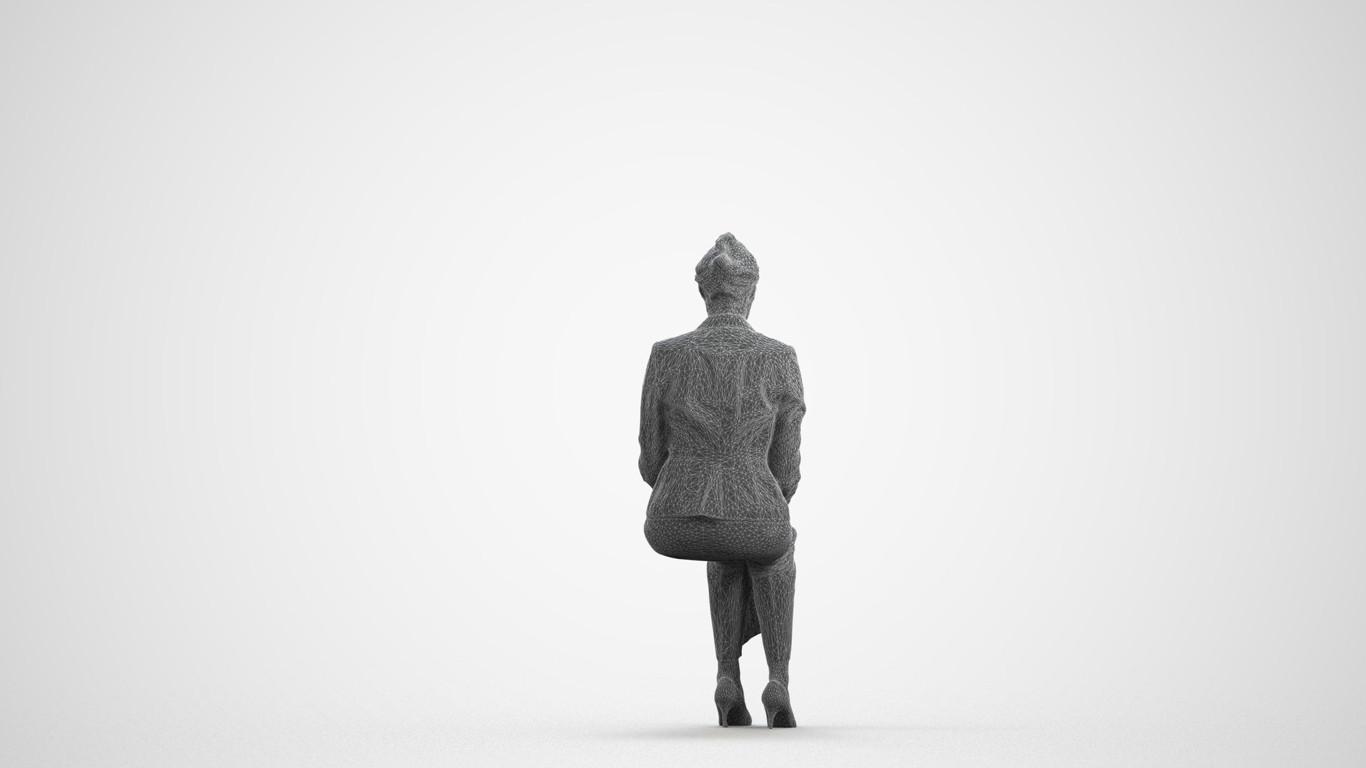 photogrammetry 3D woman business sitting, realistic human model archviz FBX, wireframe front view