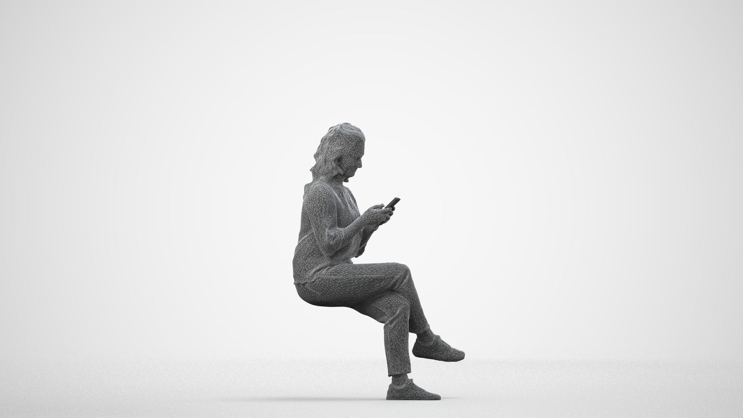 realistic 3D human woman casual sitting, archviz people FBX OBJ for Blender, wireframe side view