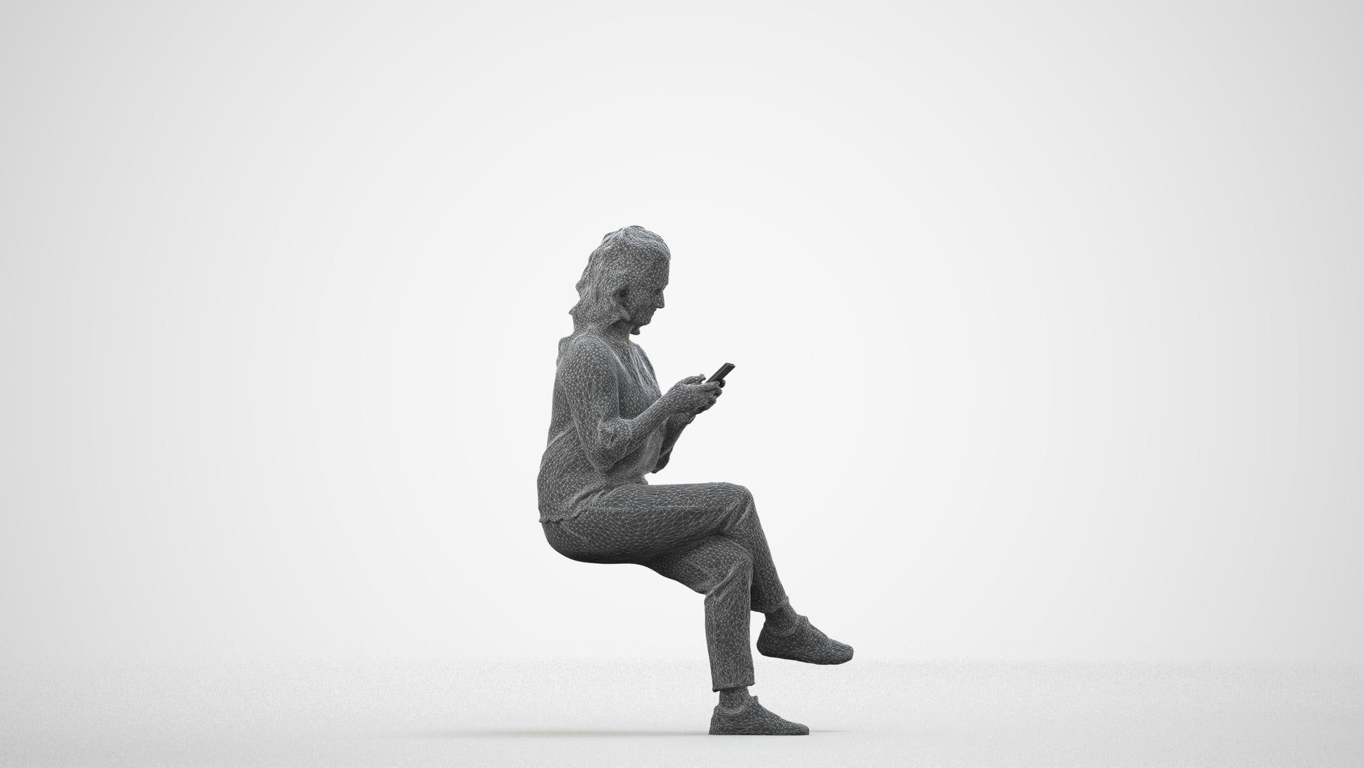 realistic 3D human woman casual sitting, archviz people FBX OBJ for Blender, wireframe side view
