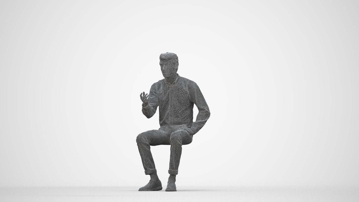 realistic 3D people man casual sitting, render-ready for V-Ray and Corona, FBX OBJ, wireframe back view