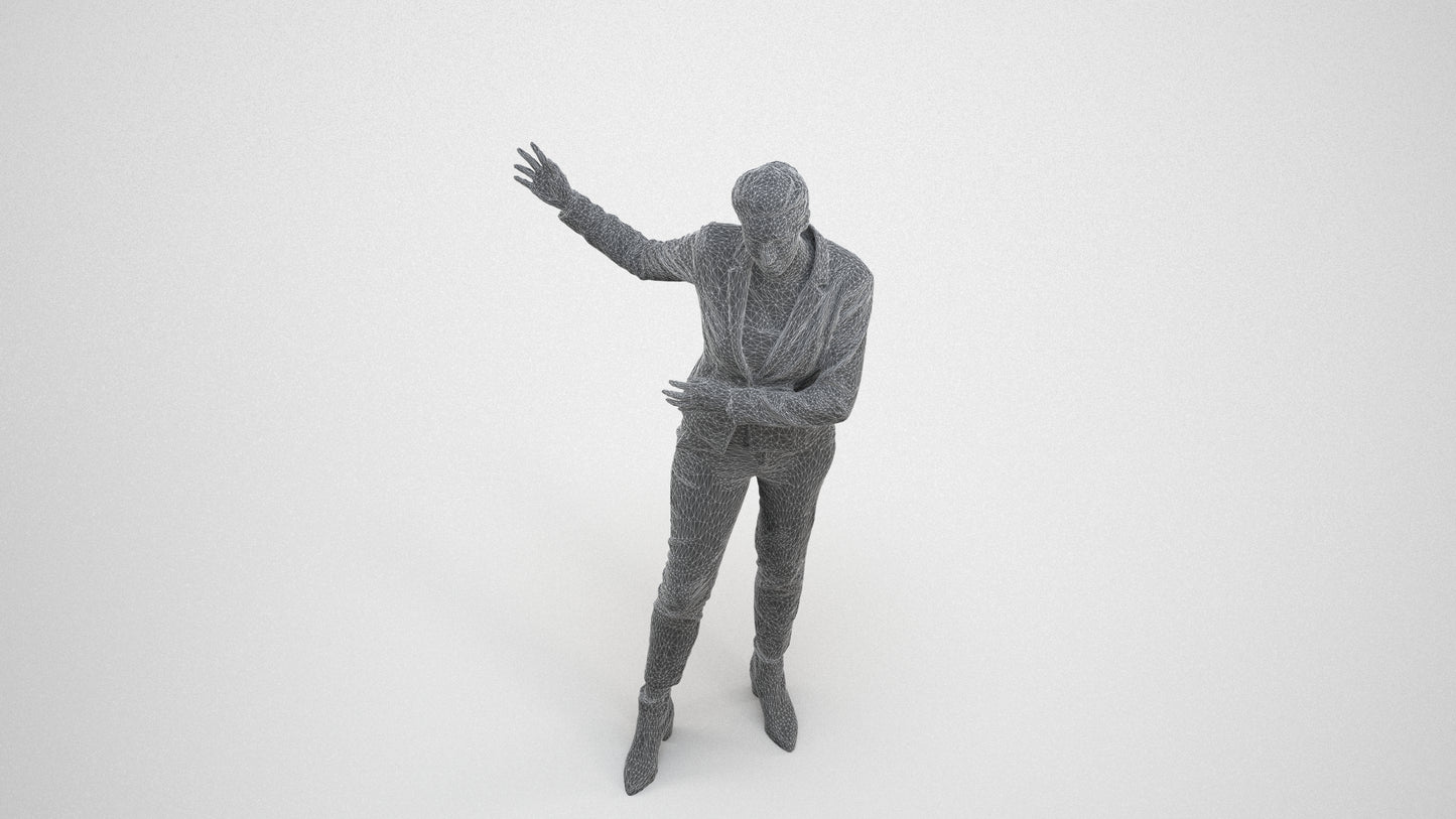 photogrammetry 3D woman business standing, realistic human model archviz FBX, wireframe three-quarter view