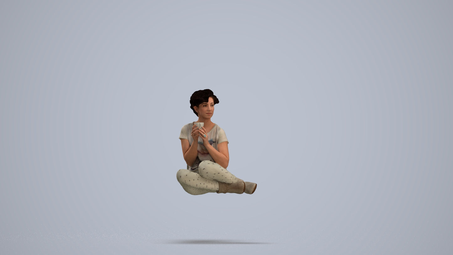 3D human model woman casual sitting, photogrammetry scanned person for archviz, standing pose render