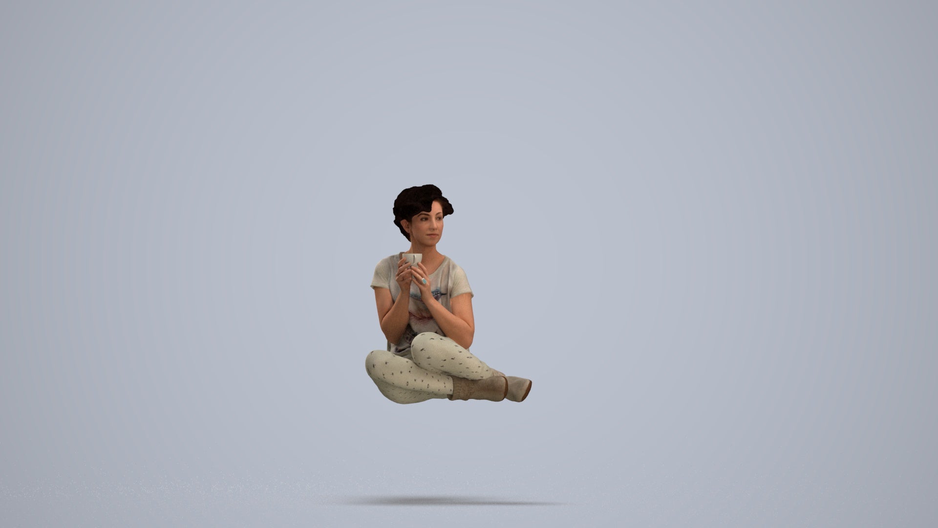 3D human model woman casual sitting, photogrammetry scanned person for archviz, standing pose render