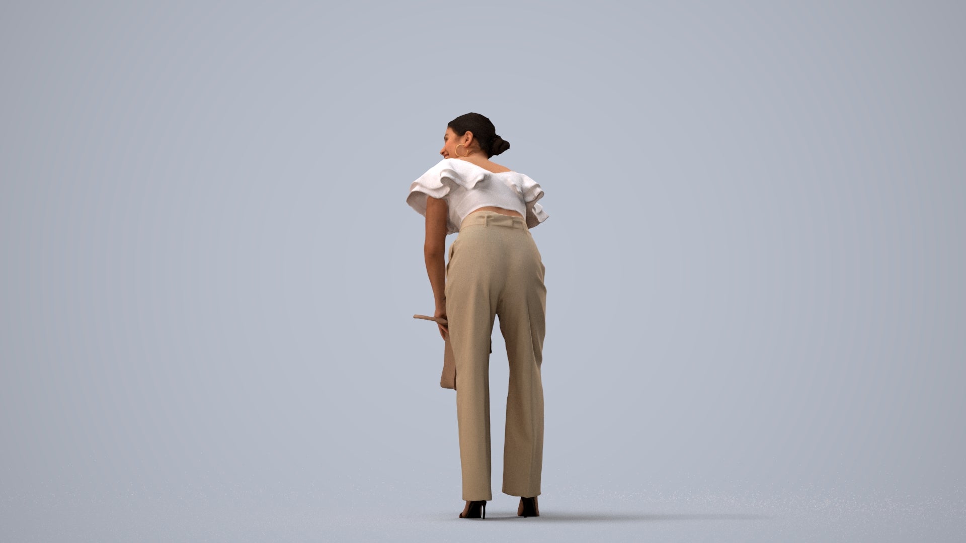 3D scanned woman standing business, photorealistic archviz people for Enscape and SketchUp, three-quarter view render