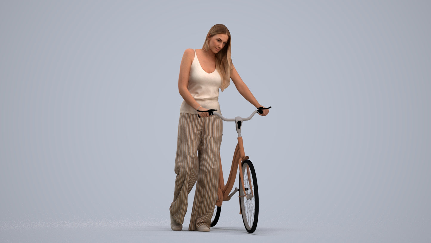 realistic 3D people woman casual cycling, render-ready for V-Ray and Corona, FBX OBJ, standing pose render