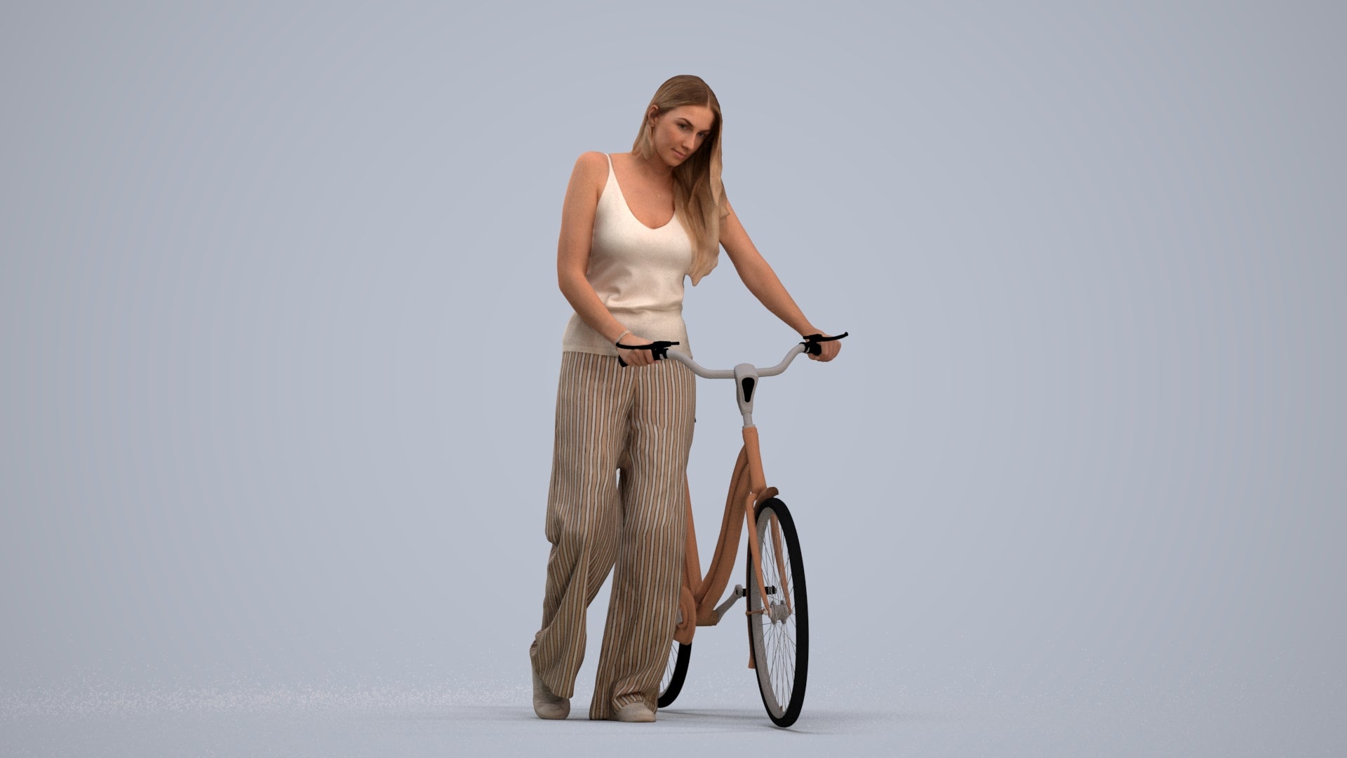realistic 3D people woman casual cycling, render-ready for V-Ray and Corona, FBX OBJ, standing pose render