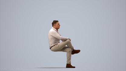 3D human model man casual sitting, photogrammetry scanned person for archviz, side view render