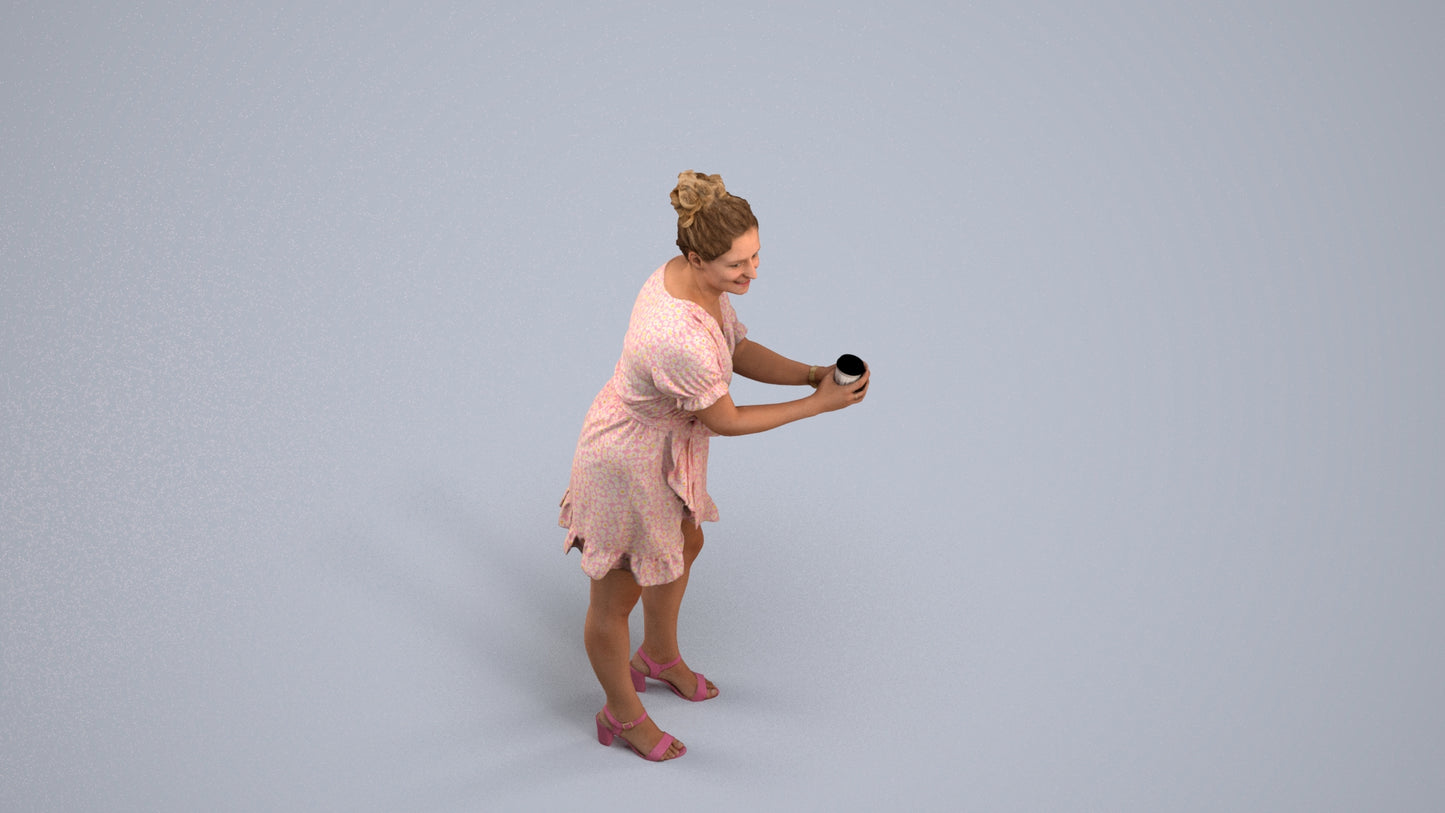 3D human model woman casual standing, photogrammetry scanned person for archviz, back view render