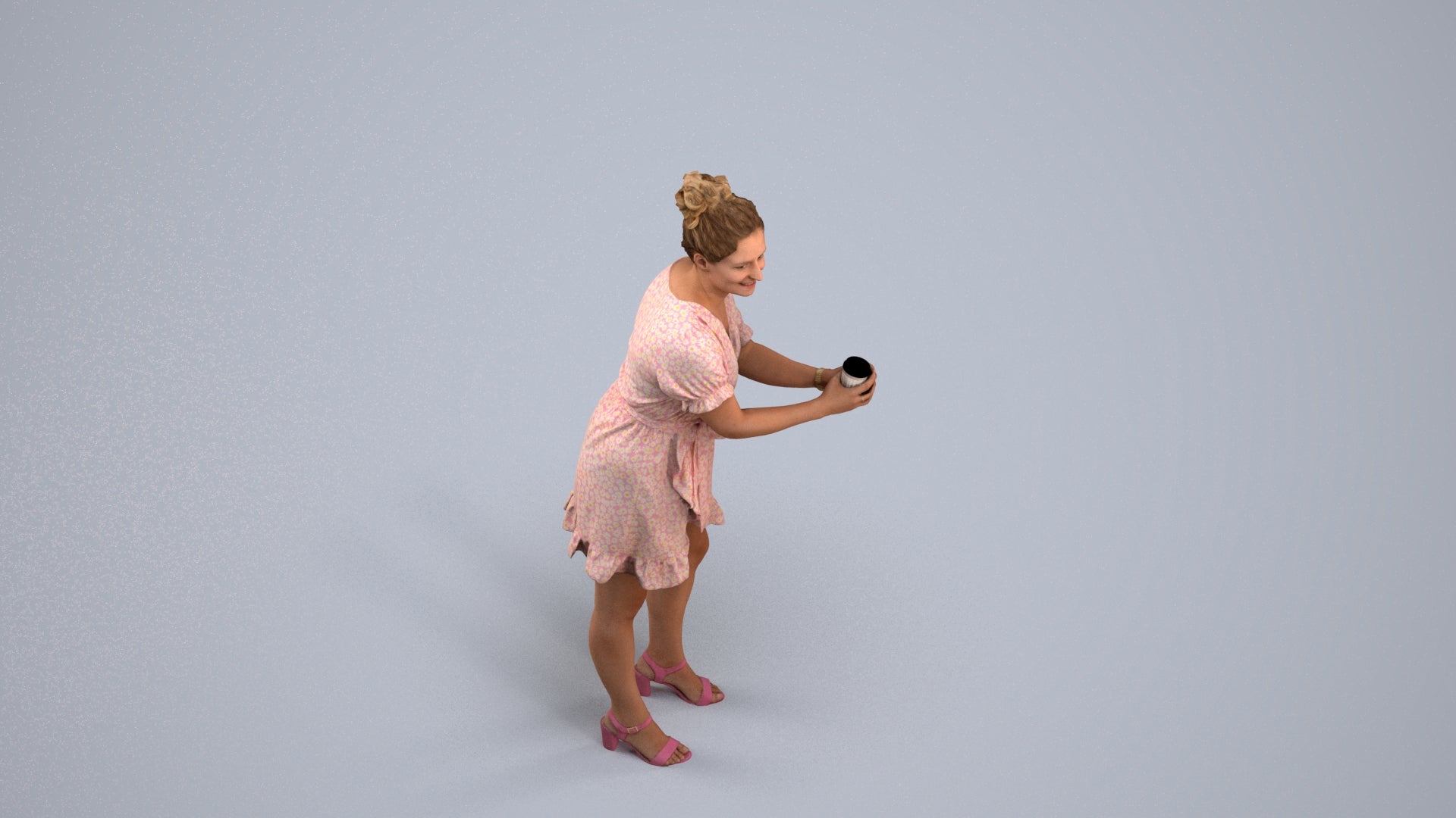 3D human model woman casual standing, photogrammetry scanned person for archviz, back view render