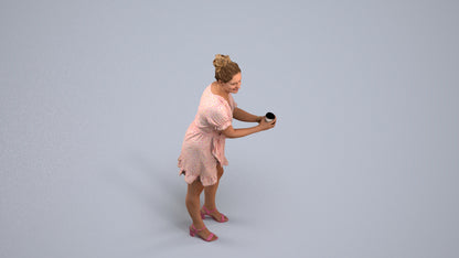 3D human model woman casual standing, photogrammetry scanned person for archviz, back view render