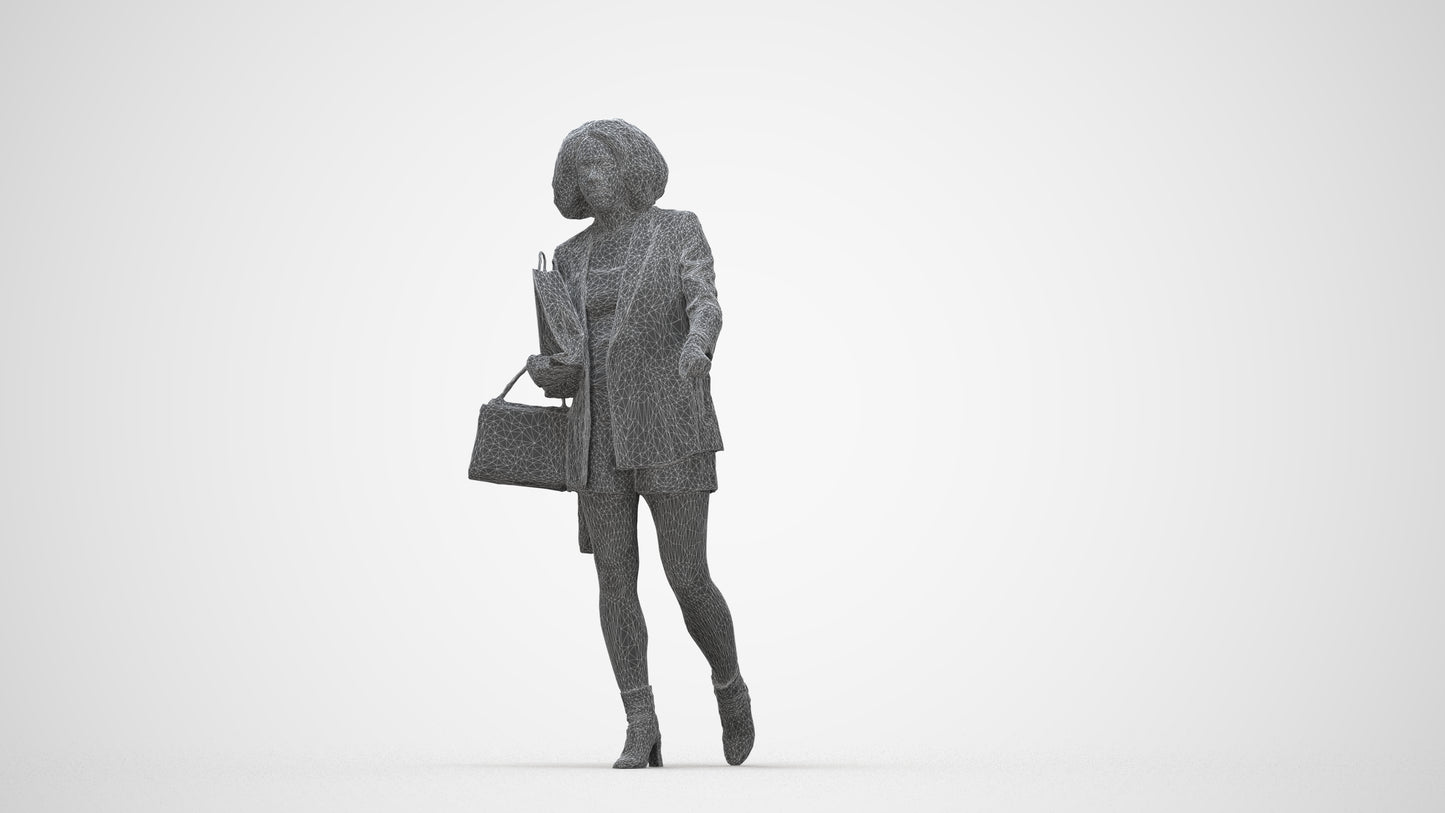 3D human model woman casual shopping, photogrammetry scanned person for archviz, wireframe back view