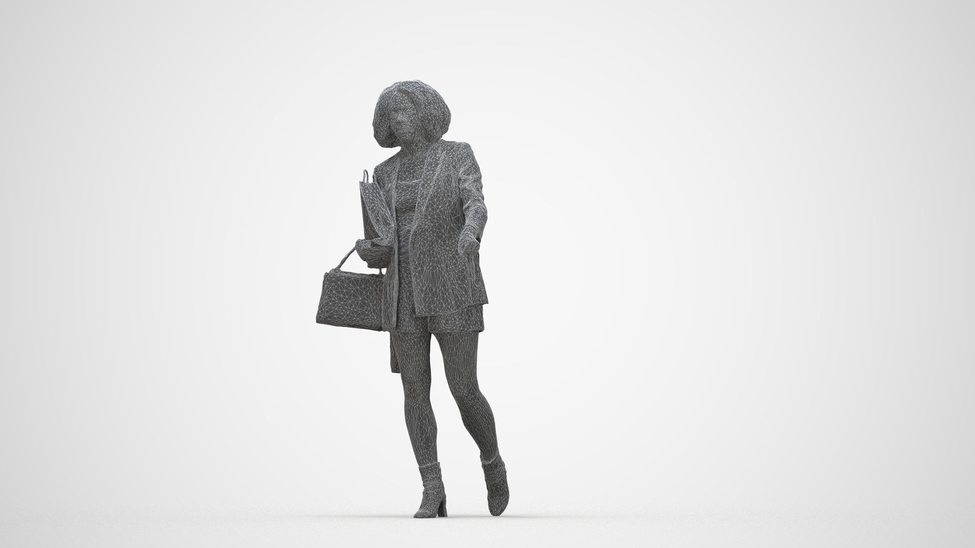 3D human model woman casual shopping, photogrammetry scanned person for archviz, wireframe back view