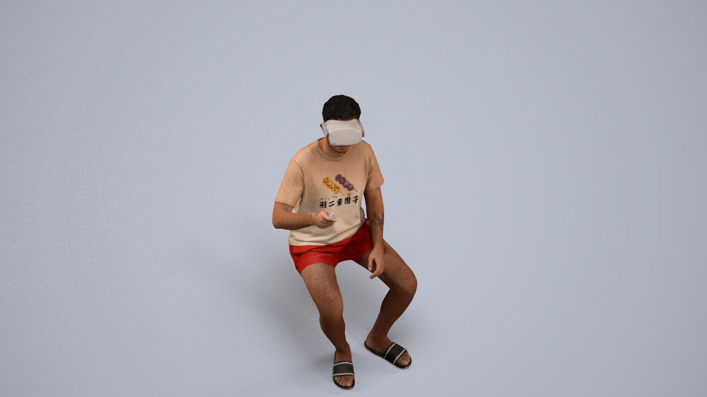 3D human model man casual sitting, photogrammetry scanned person for archviz, back view render